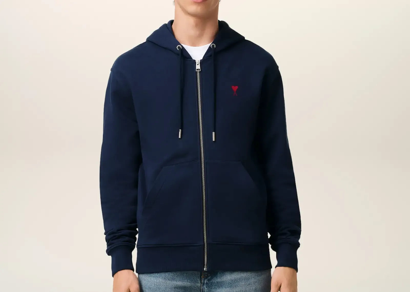 Ami Paris Ami De Coeur Cotton Zipped Hoodie Navy - My Suti
