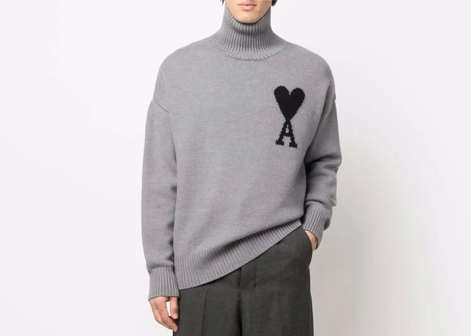 Ami Paris Ami De Coeur Roll Neck Jumper Grey - My Suti