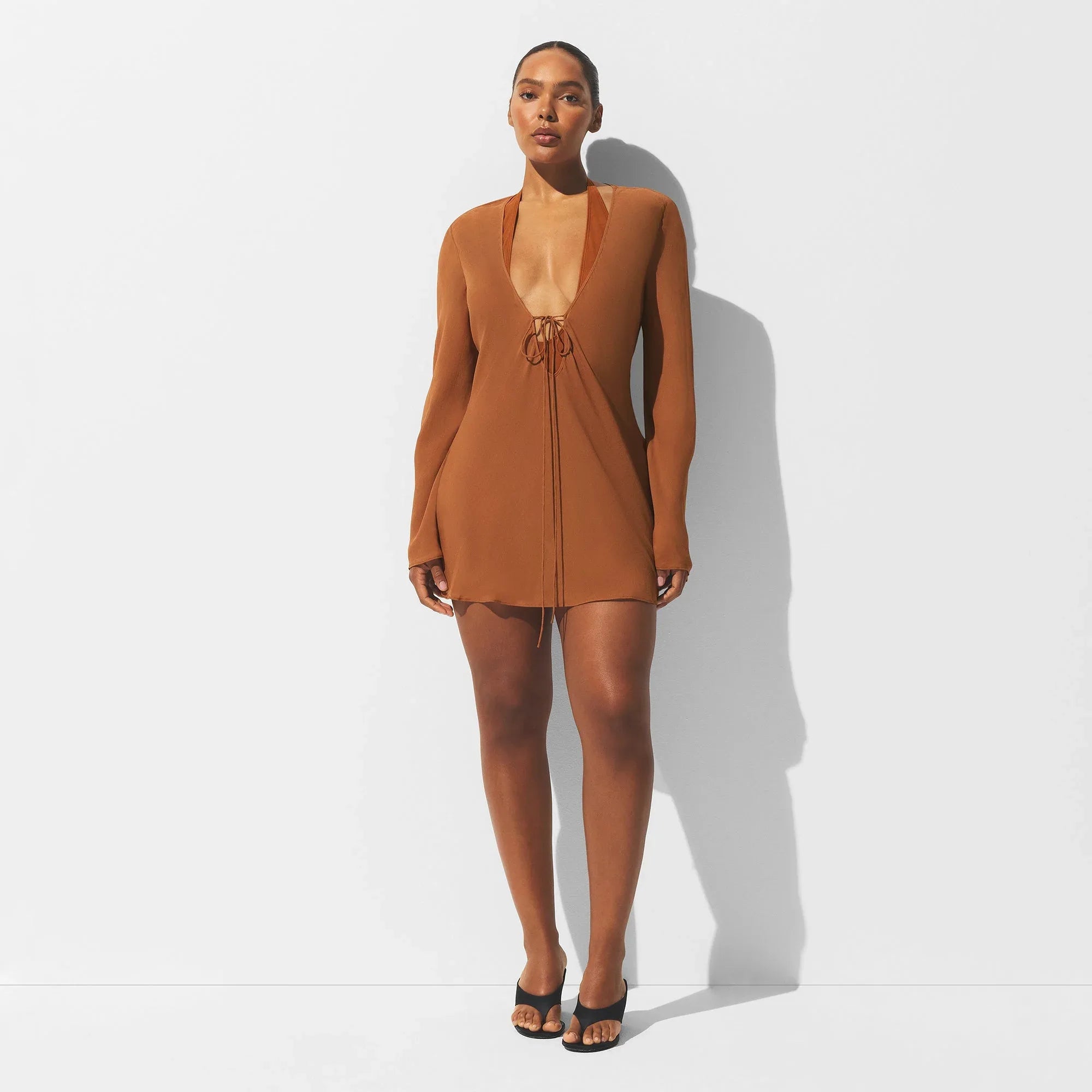 SKIMS SHEER COVER-UPS LONG SLEEVE MINI DRESS | CHESTNUT - ELBİSE - My Suti