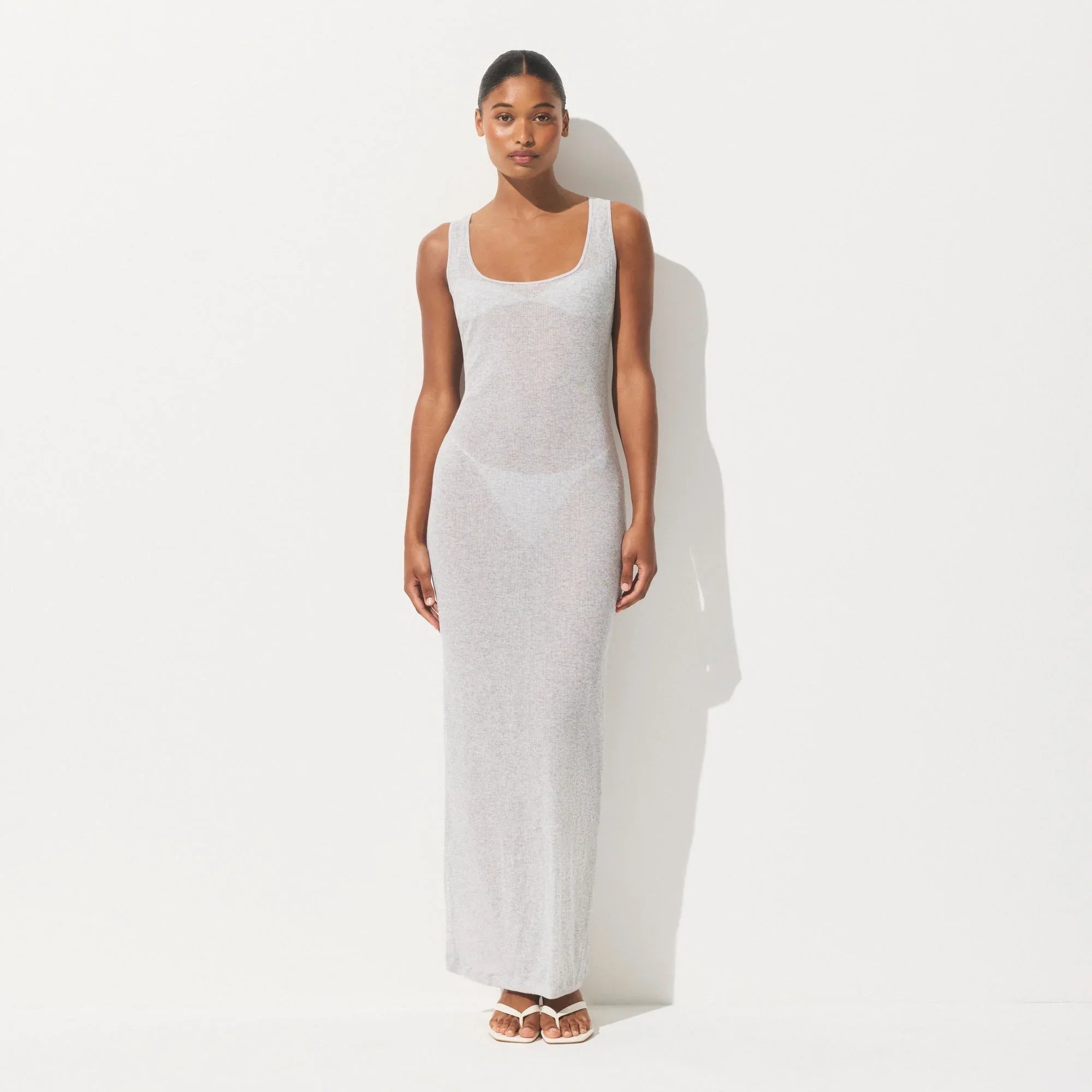 SKIMS SHEER COTTON RIB LONG DRESS | LIGHT HEATHER GREY - ELBİSE - My Suti