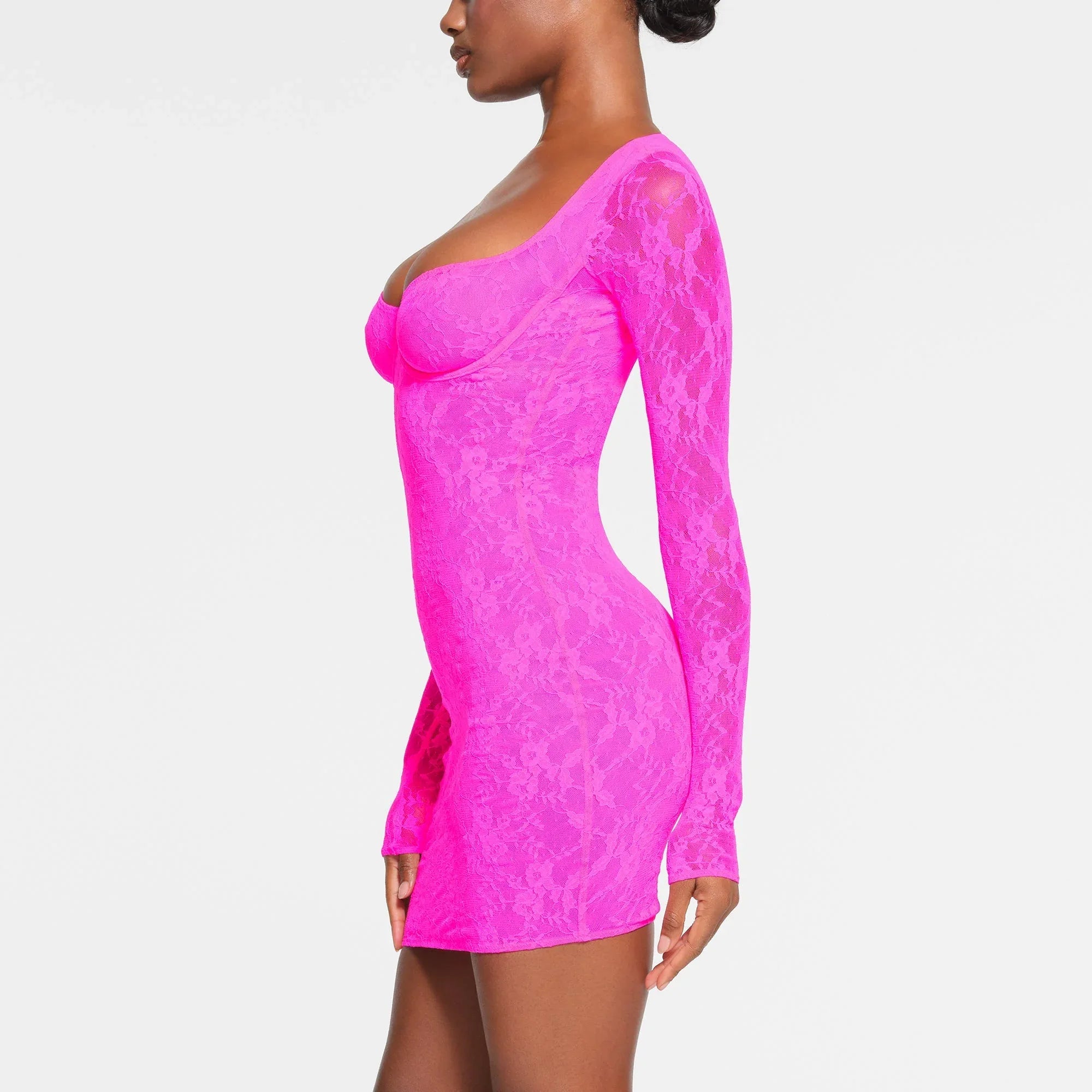 SKIMS STRETCH LACE LINED LONG SLEEVE UNDERWIRE DRESS | NEON PINK - ELBİSE - My Suti