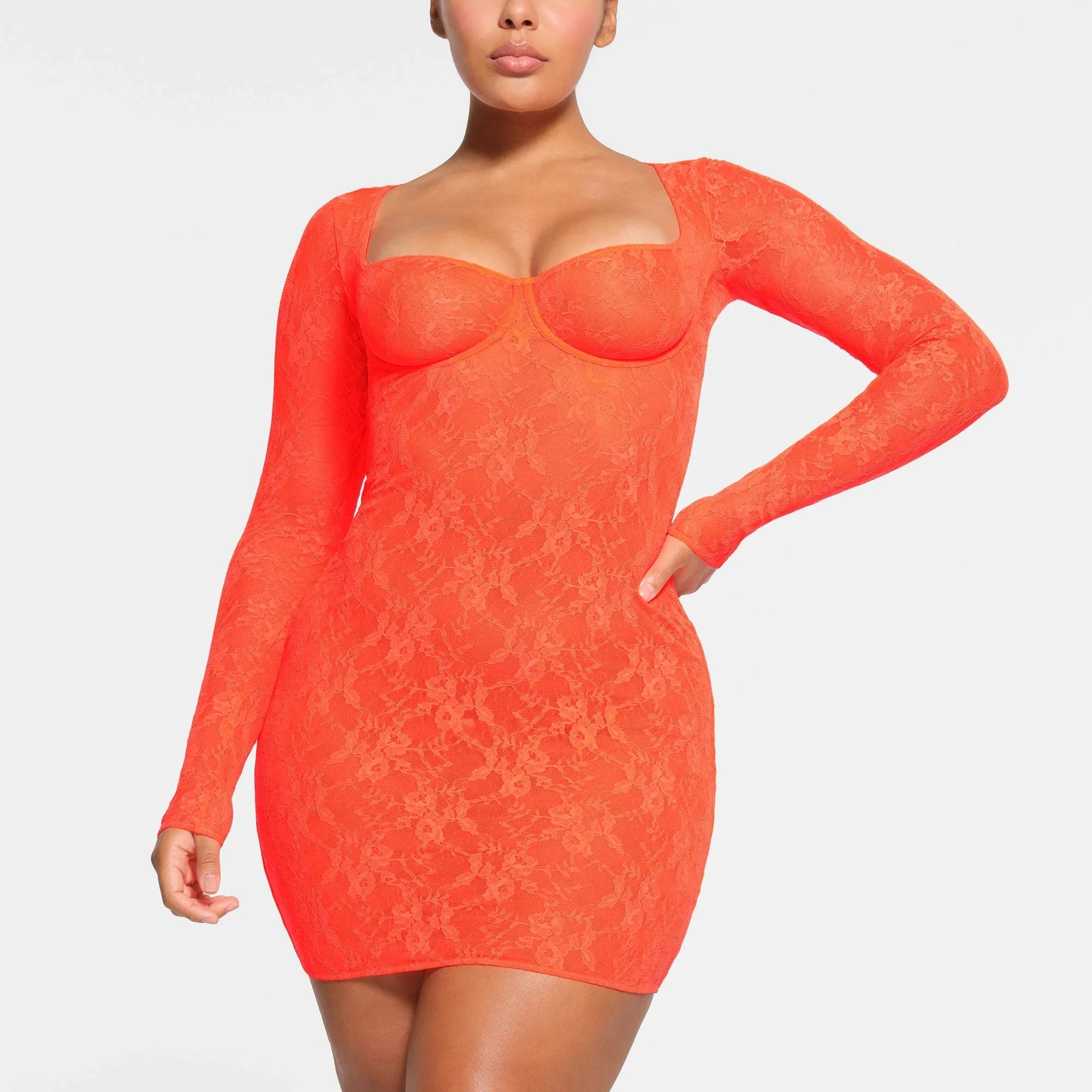 SKIMS STRETCH LACE LINED LONG SLEEVE UNDERWIRE DRESS | SUNSET - ELBİSE - My Suti