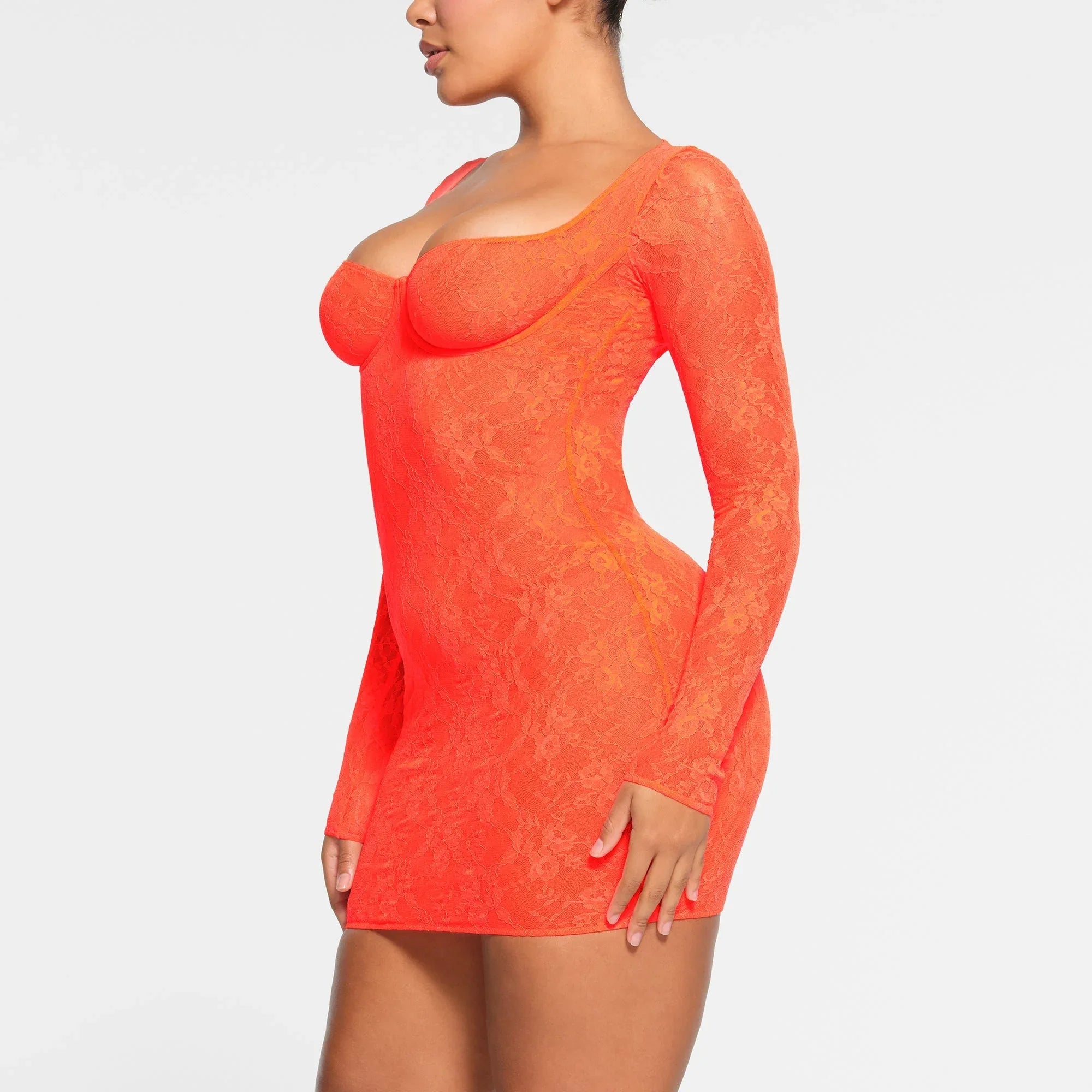 SKIMS STRETCH LACE LINED LONG SLEEVE UNDERWIRE DRESS | SUNSET - ELBİSE - My Suti