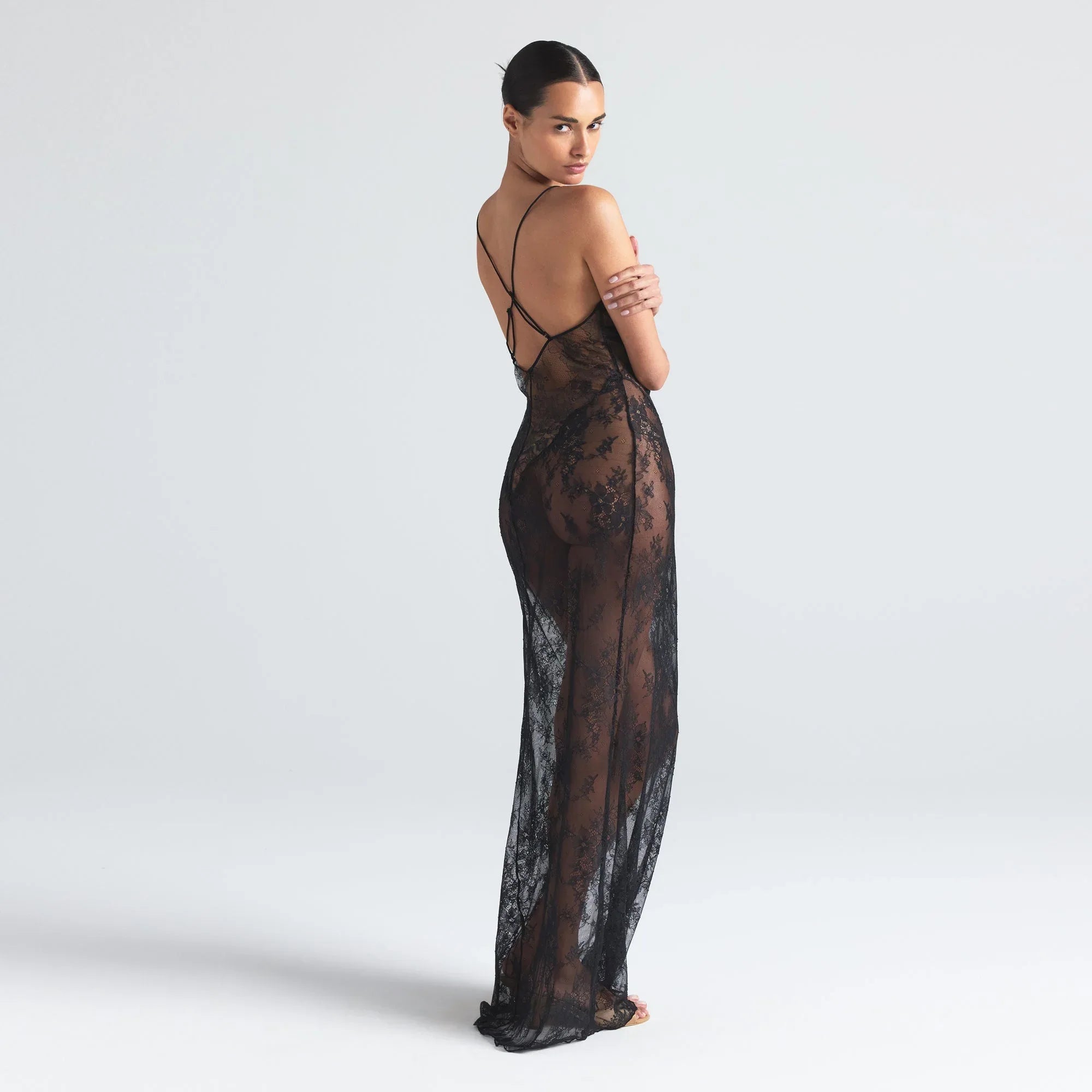 SKIMS ULTRA FINE LACE LOW BACK LONG DRESS | ONYX - ELBİSE - My Suti
