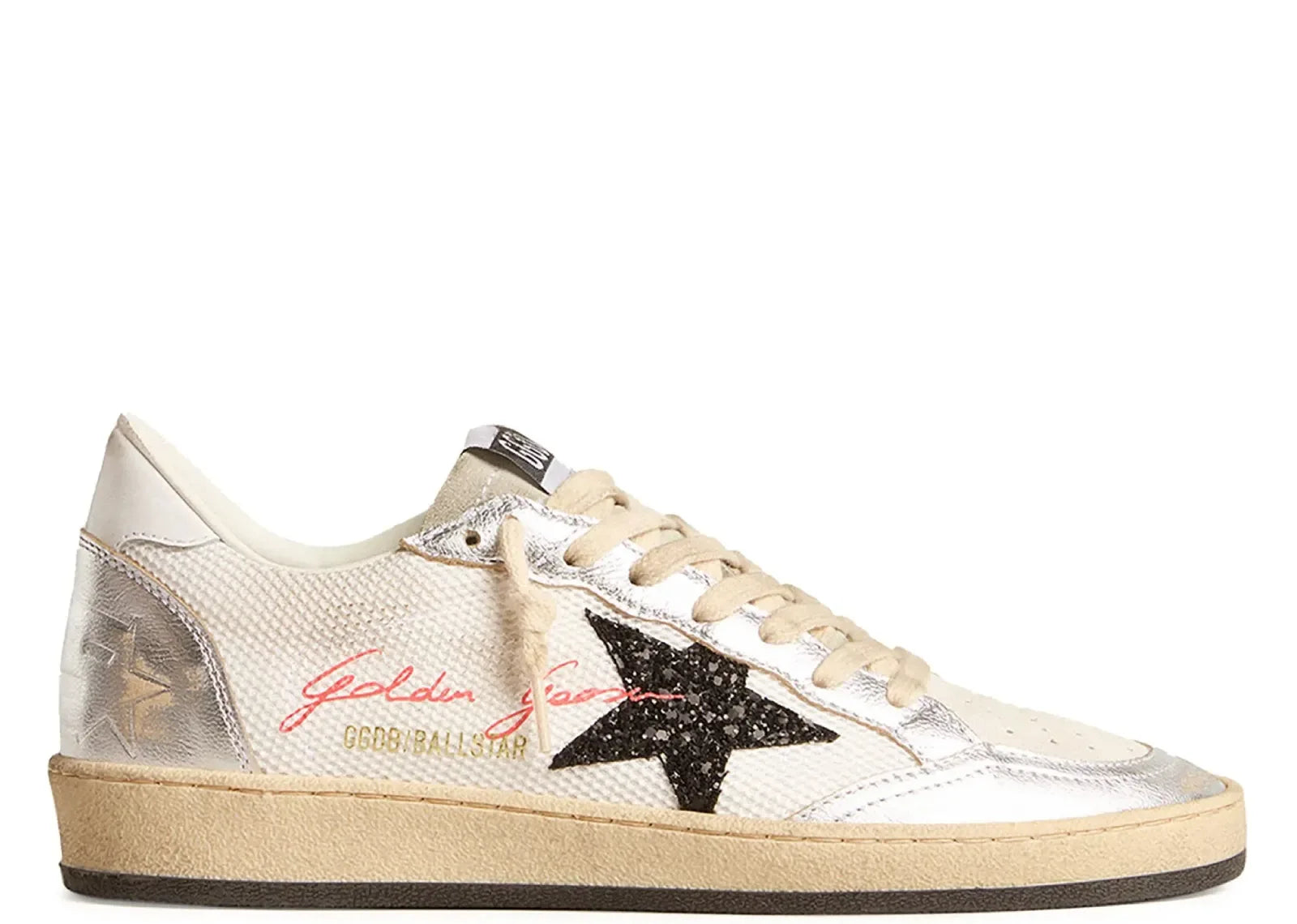 Golden Goose Ball-Star White Mesh Silver Insert Black Glitter Star Glossy Heel - My Suti