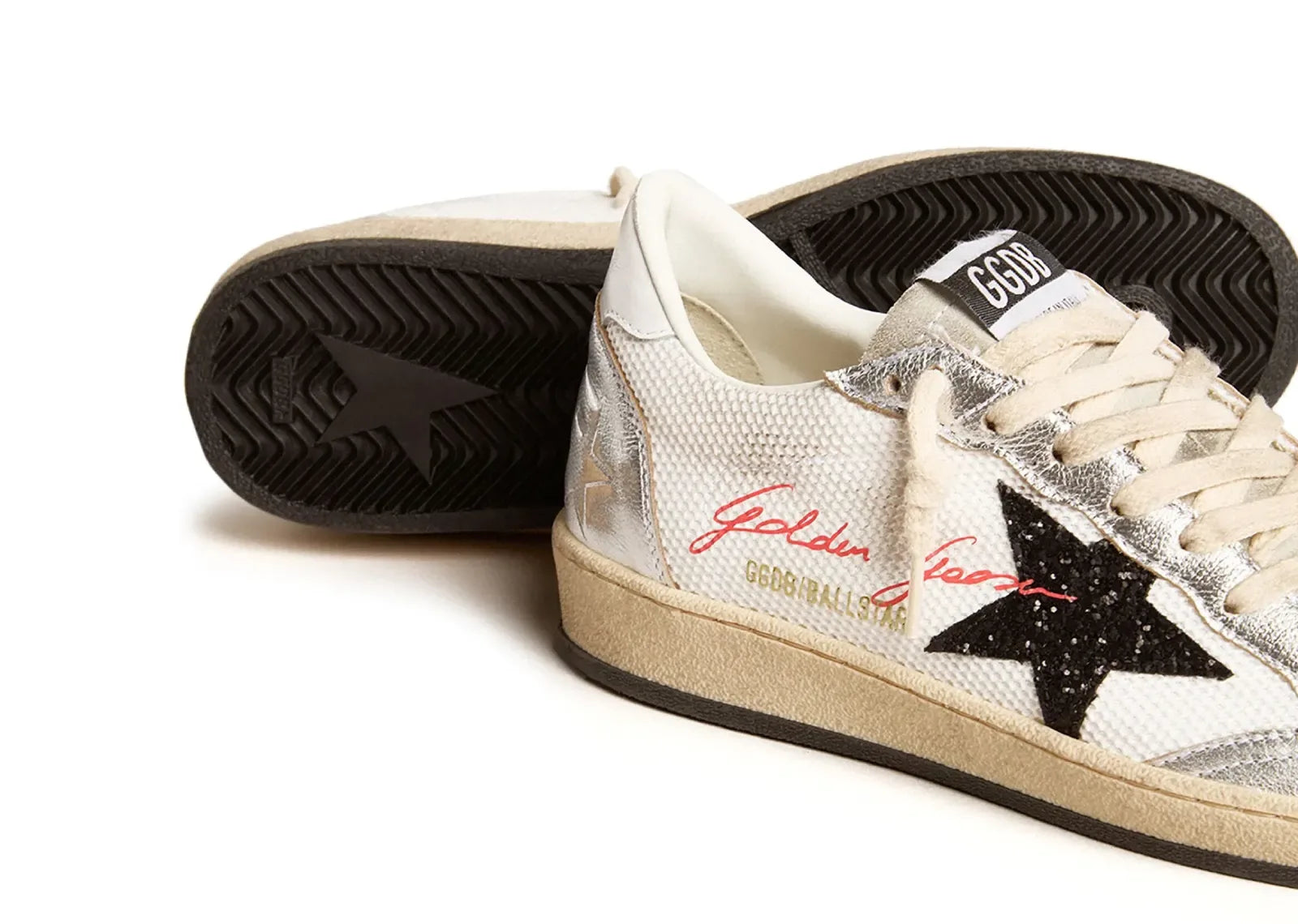 Golden Goose Ball-Star White Mesh Silver Insert Black Glitter Star Glossy Heel - My Suti