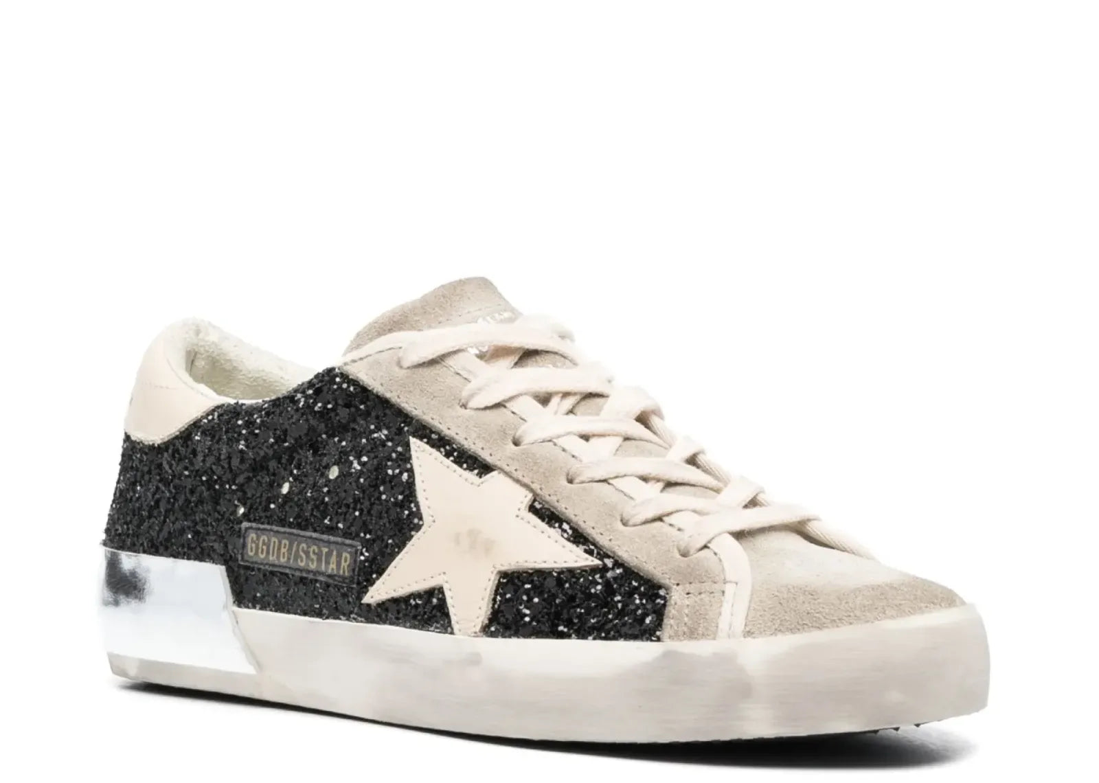Golden Goose Super-Star Black Glitter Cream Star Heel Silver Foxing - My Suti