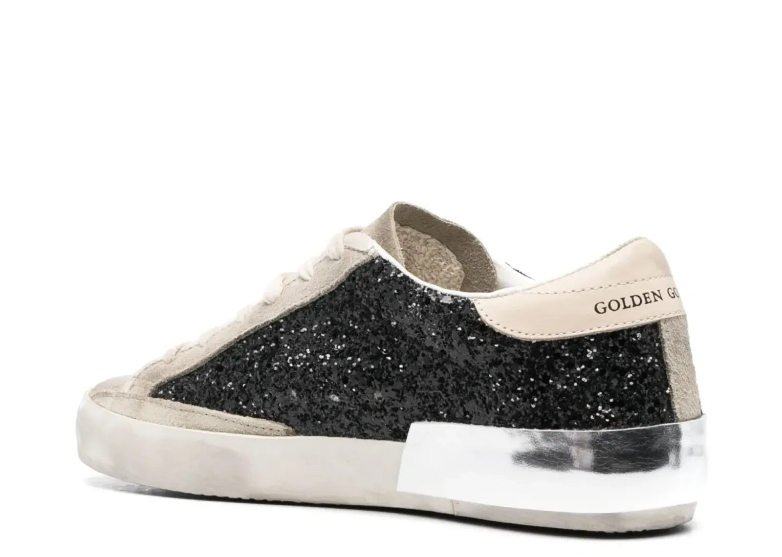 Golden Goose Super-Star Black Glitter Cream Star Heel Silver Foxing - My Suti
