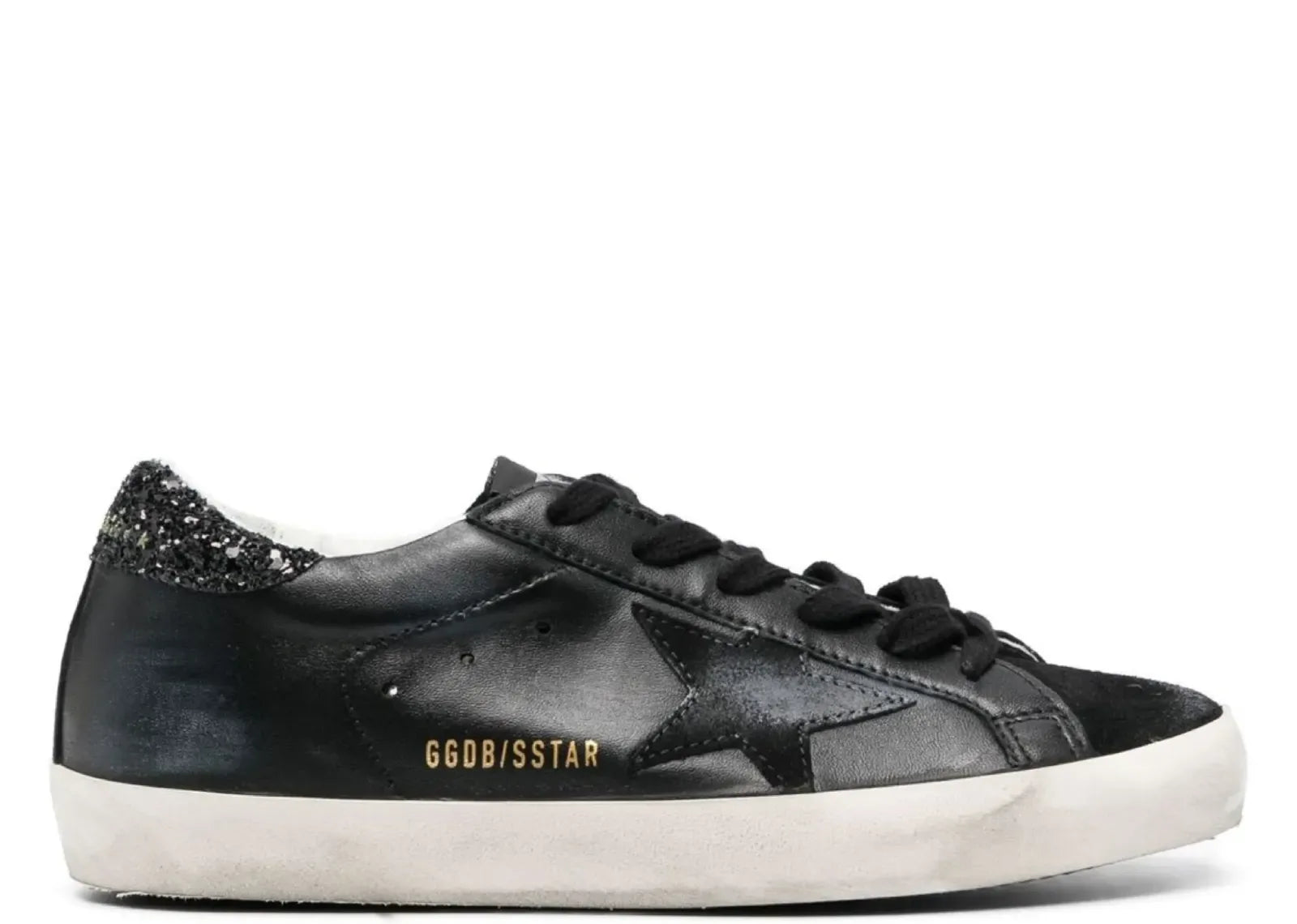 Golden Goose Super-Star Black Nappa Black Star Black Glitter Heel - My Suti