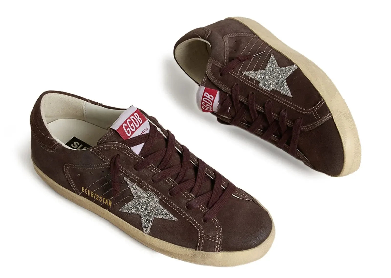 Golden Goose Super-Star Brown Suede Silver Glitter Star - My Suti