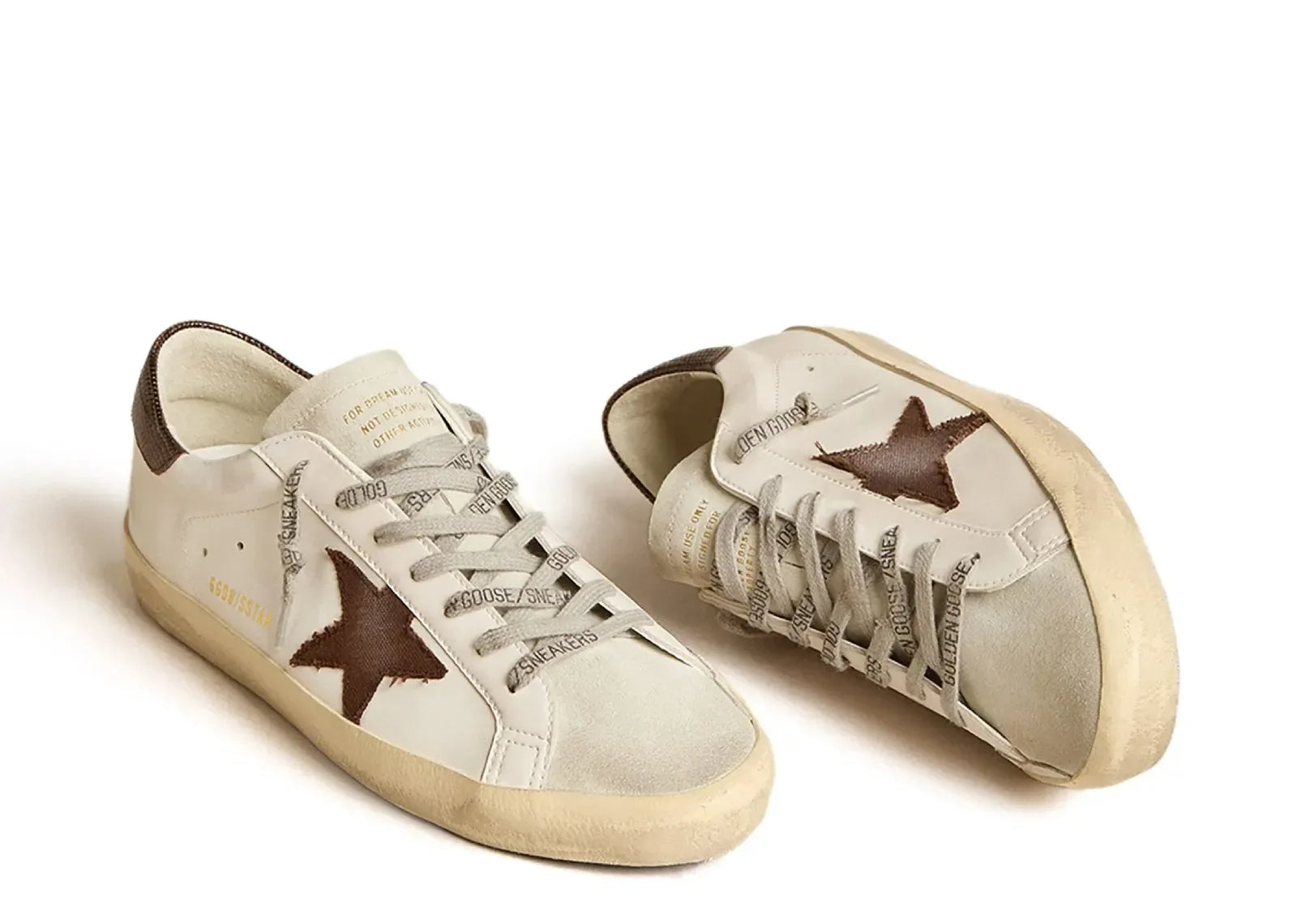 Golden Goose Super-Star White Bio-Based Brown Canvas Star Lizard Heel - My Suti