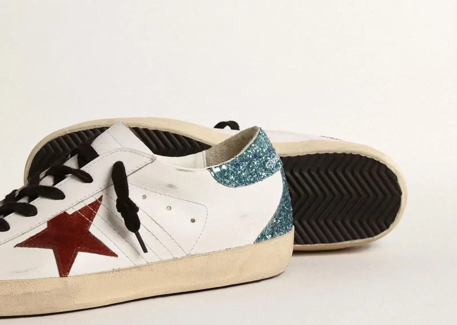Golden Goose Super-Star White Leather Burgundy Star Blue Glitter Heel - My Suti