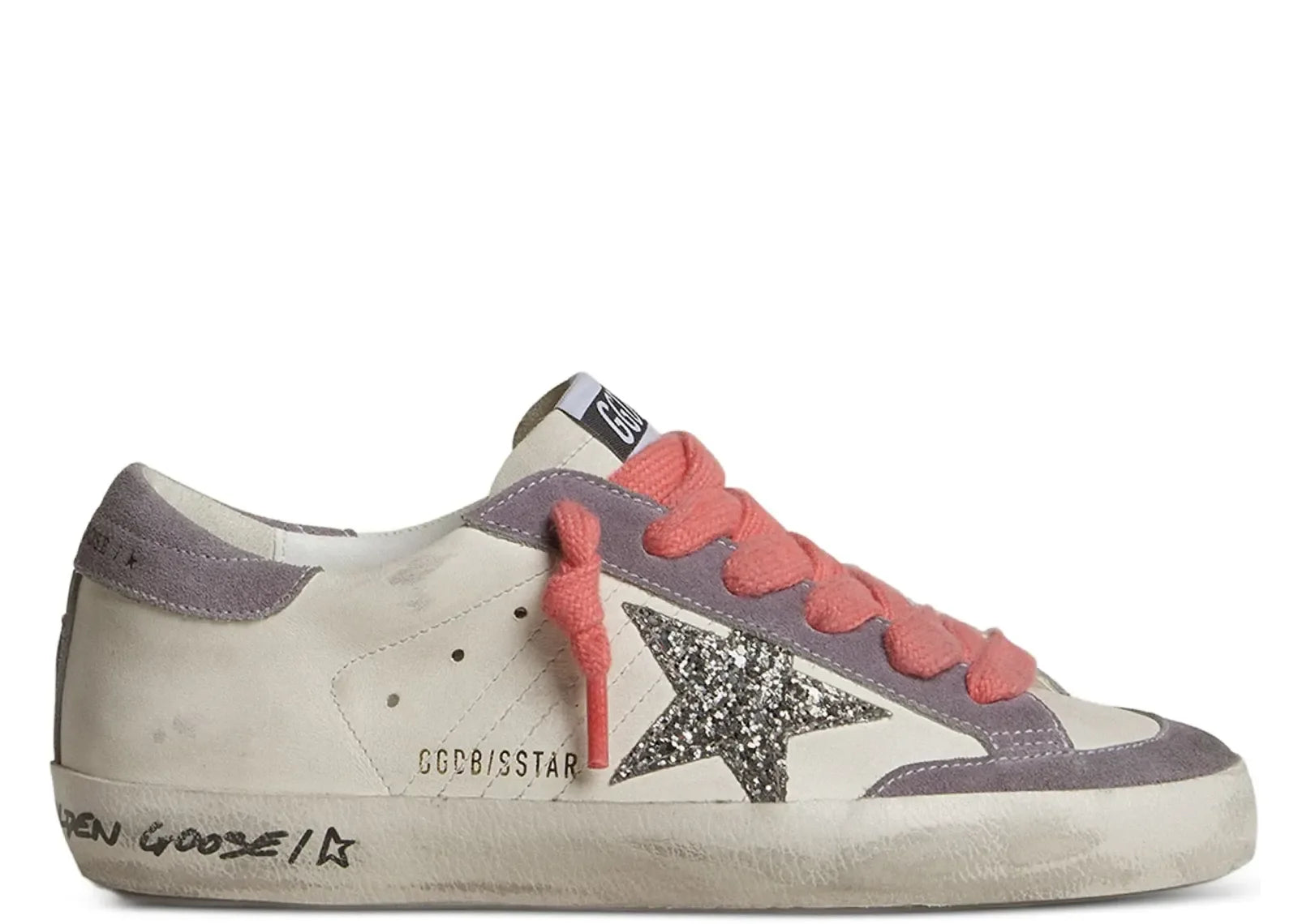 Golden Goose Super-Star White Leather Silver Star Lilac Heel - My Suti
