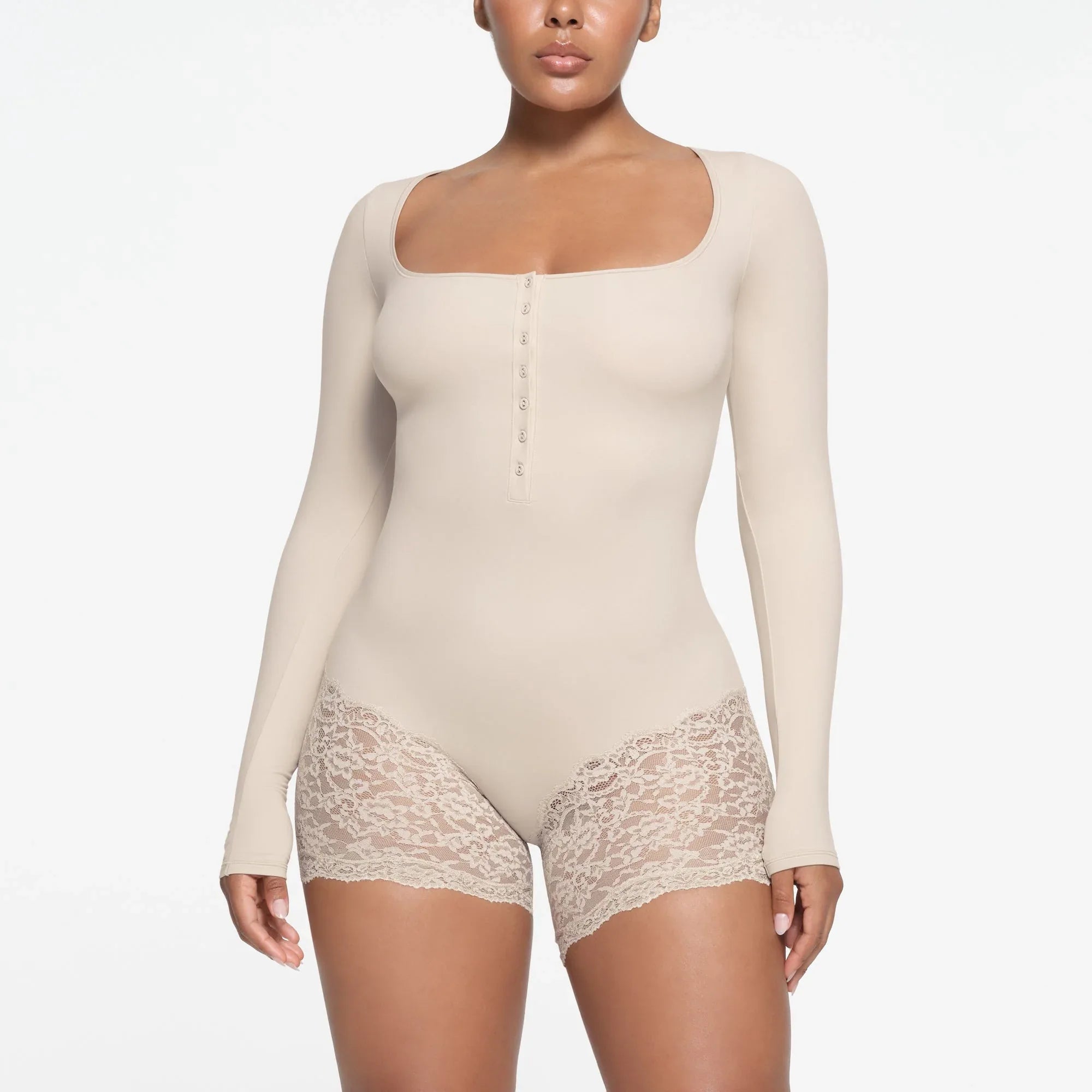 SKIMS FITS EVERYBODY LACE LONG SLEEVE ONESIE | STONE - TULUM - My Suti