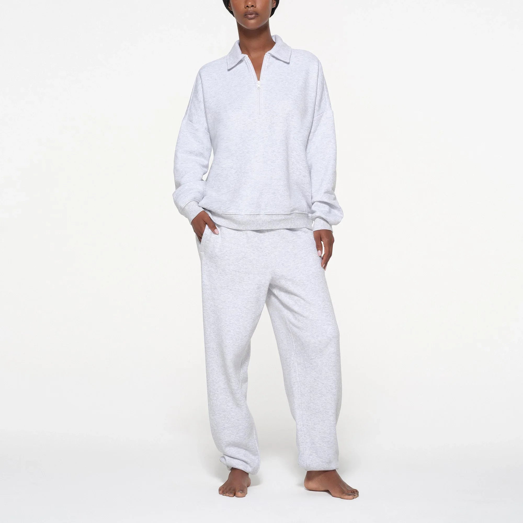 SKIMS COTTON FLEECE OVERSIZED QUARTER ZIP PULLOVER | LIGHT HEATHER GREY - KAZAK - My Suti