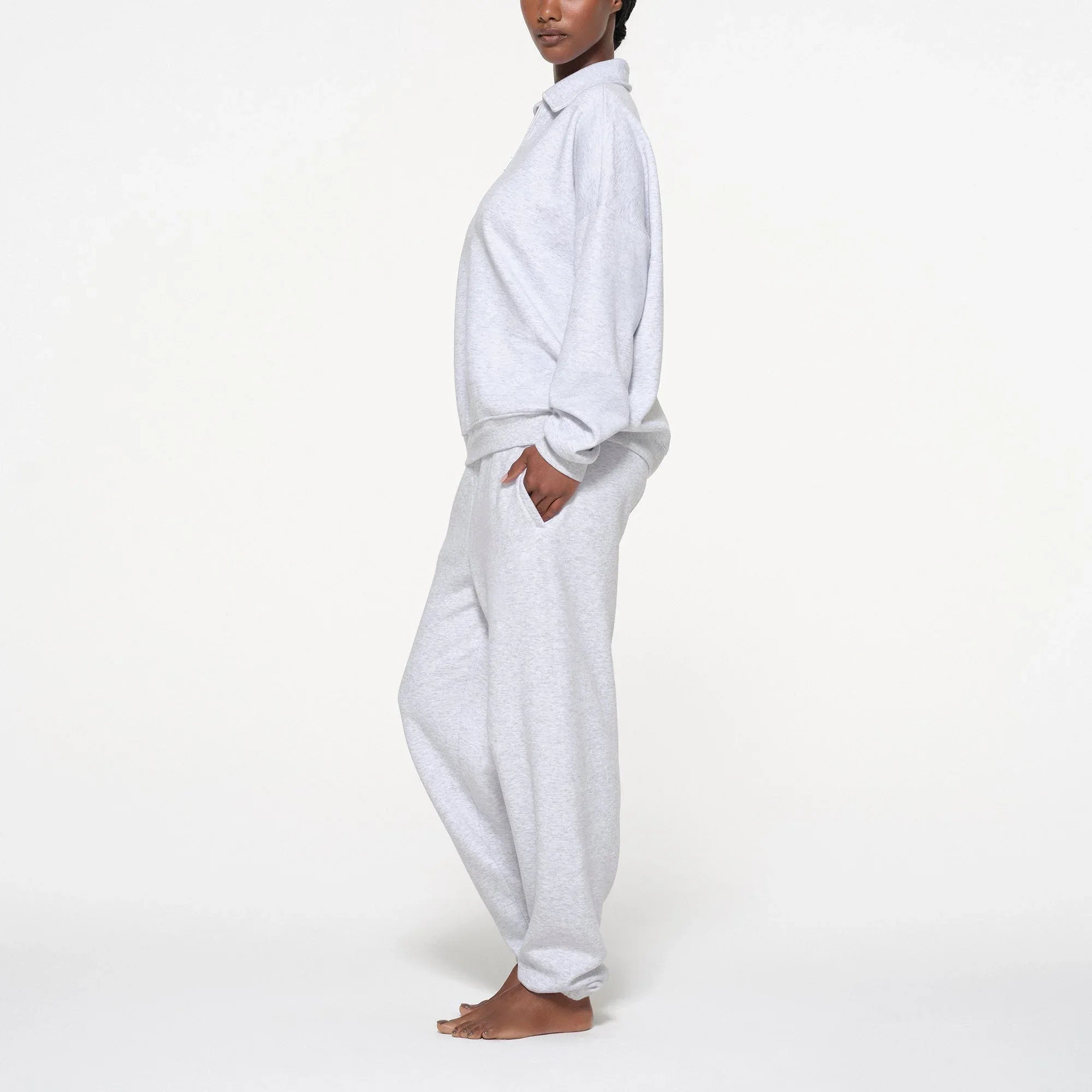 SKIMS COTTON FLEECE OVERSIZED QUARTER ZIP PULLOVER | LIGHT HEATHER GREY - KAZAK - My Suti