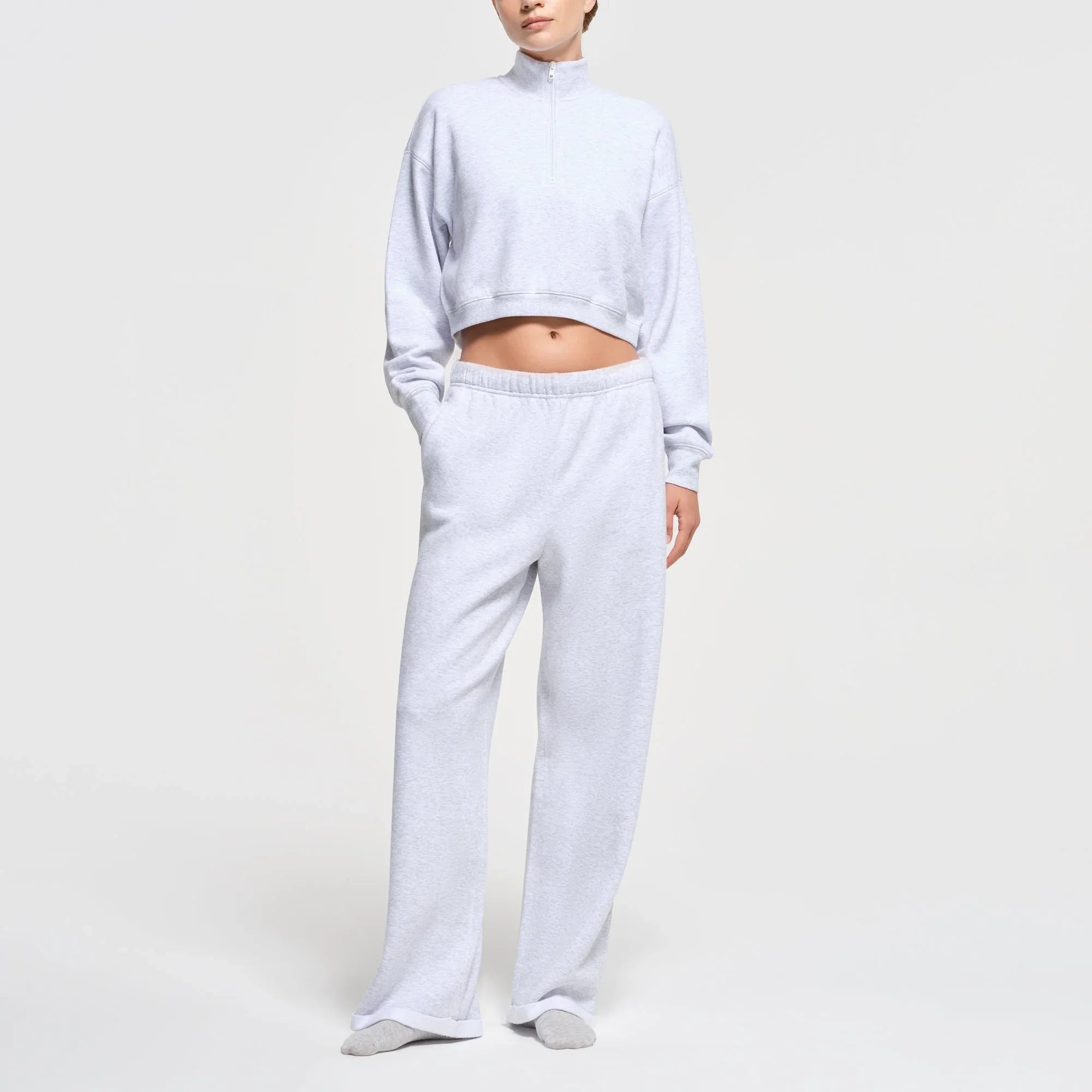 SKIMS COTTON FLEECE CROPPED HALF ZIP PULLOVER | LIGHT HEATHER GREY - KAPŞONLU ÜST - My Suti