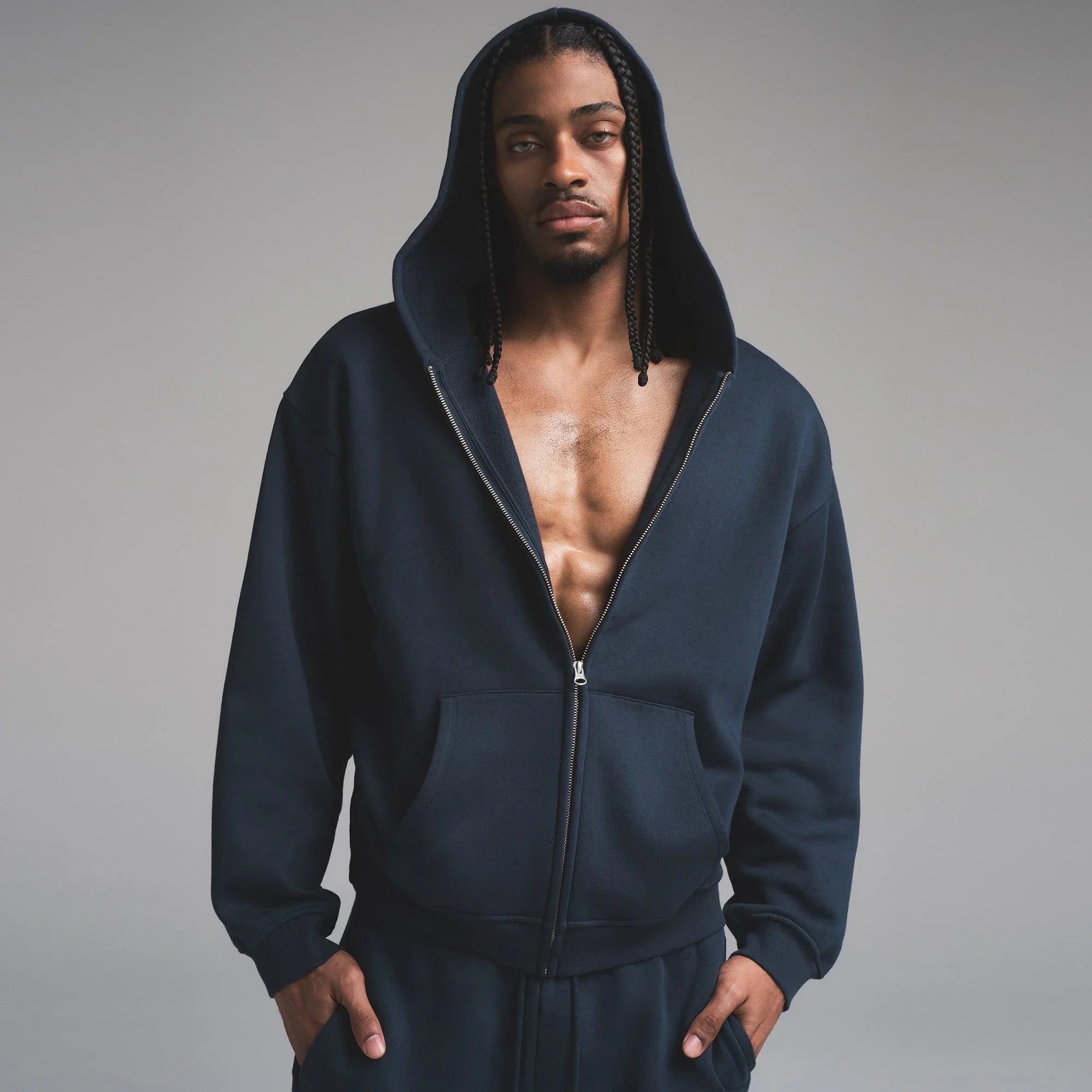 SKIMS FLEECE LOUNGE MENS RELAXED ZIP UP HOODIE | NAVY - KAPŞONLU SWEATSHIRT - My Suti