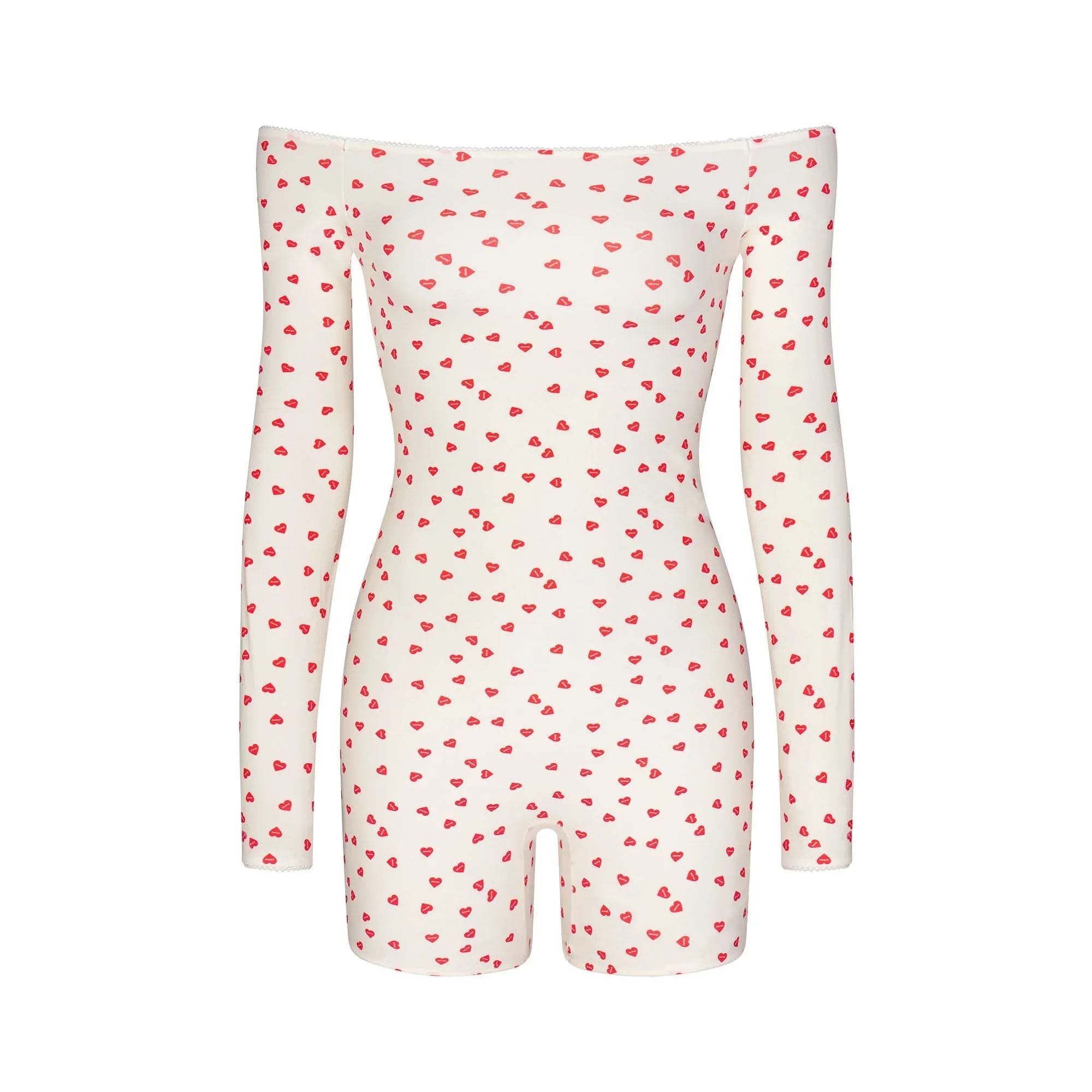 SKIMS FITS EVERYBODY PICOT OFF THE SHOULDER ONESIE | RUBY HEART PRINT - ONESİE - My Suti