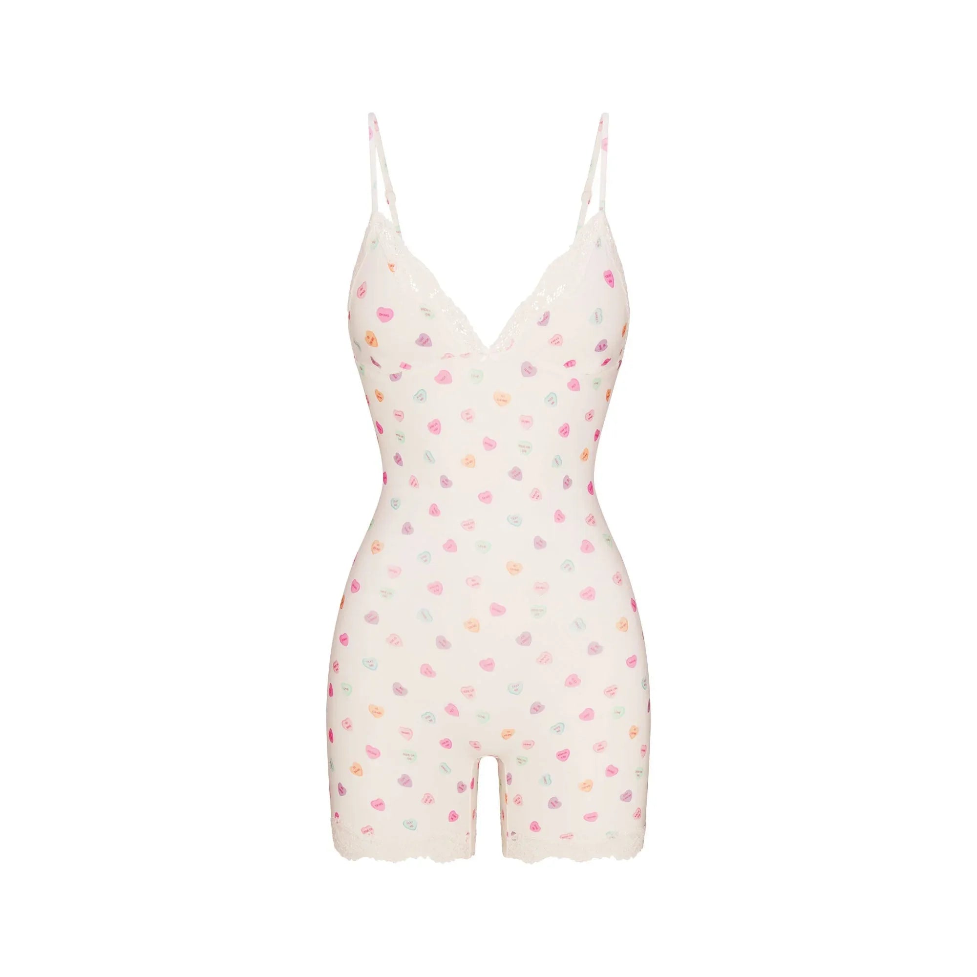 SKIMS FITS EVERYBODY LACE TRIANGLE ONESIE | MARBLE CANDY HEART PRINT - ONESIE - My Suti