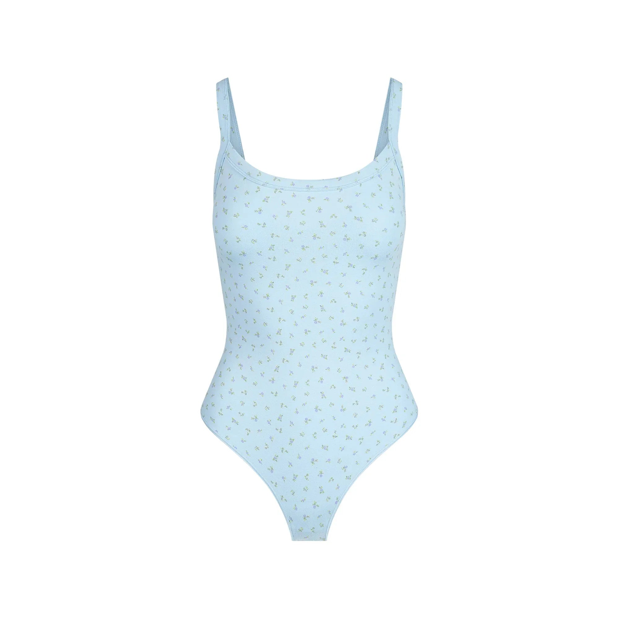 SKIMS COTTON JERSEY SCOOP NECK BODYSUIT | POWDER BLUE MICRO FLORAL - BODYSUIT - My Suti