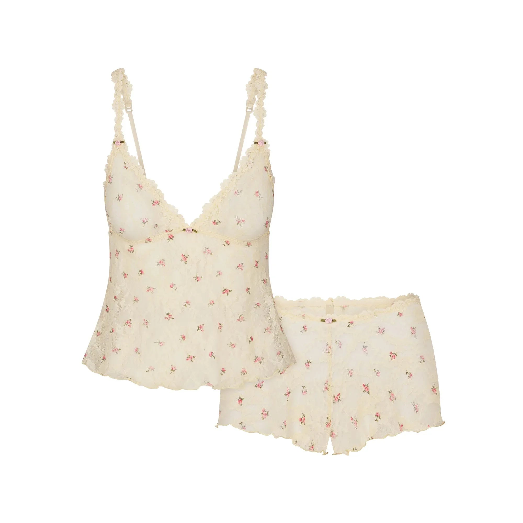 SKIMS STRETCH LACE TRIANGLE CAMI AND SHORT SET | BUTTER ROSEBUD PRINT - TAKIM - My Suti