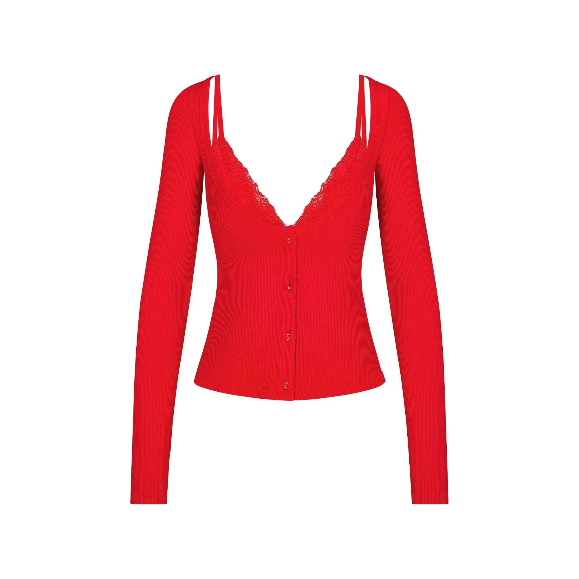 SKIMS SOFT LOUNGE LACE LONG SLEEVE TOP WITH BRALETTE | CHERRY - ÜST - My Suti