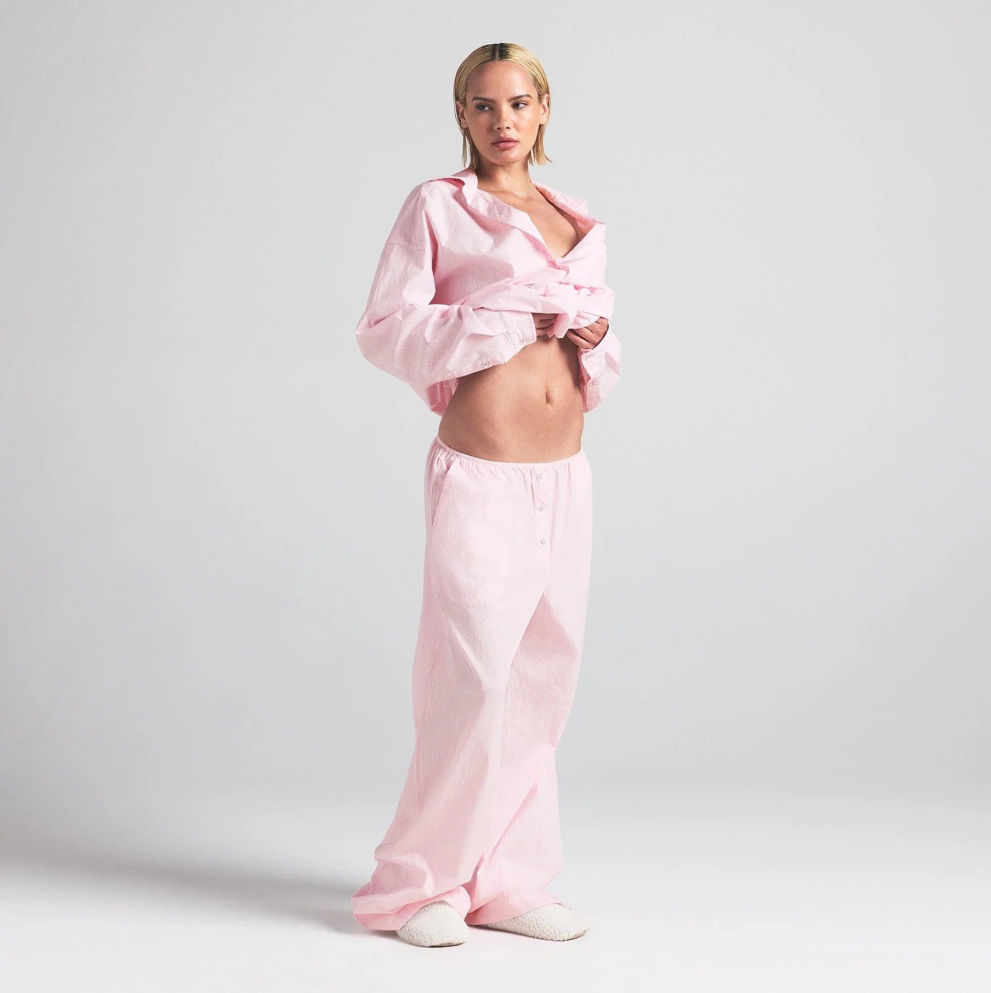 SKIMS COTTON POPLIN OVERSIZED SLEEP SET | CHERRY BLOSSOM STRIPE - UYKU TAKIMI - My Suti