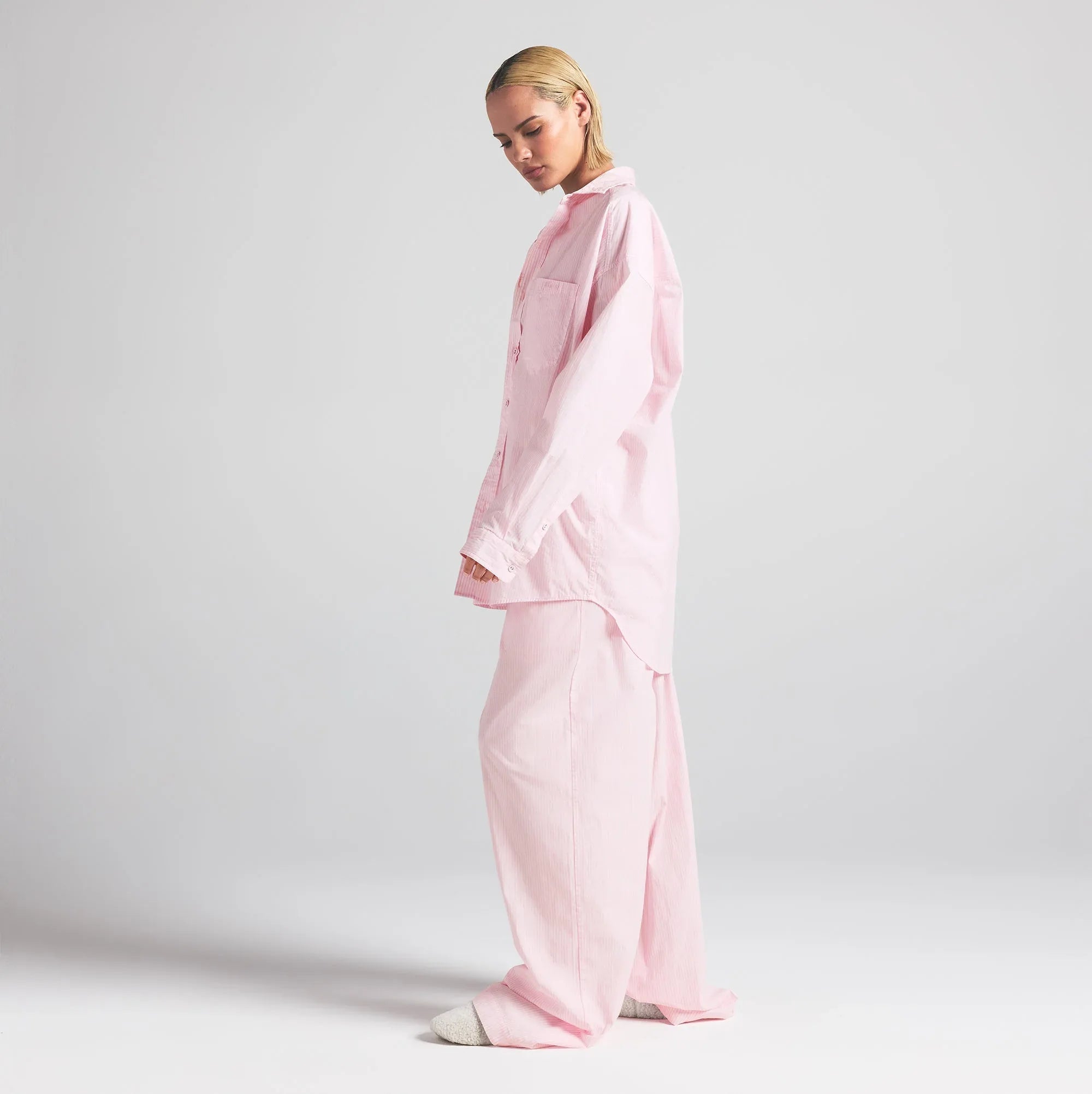 SKIMS COTTON POPLIN OVERSIZED SLEEP SET | CHERRY BLOSSOM STRIPE - UYKU TAKIMI - My Suti