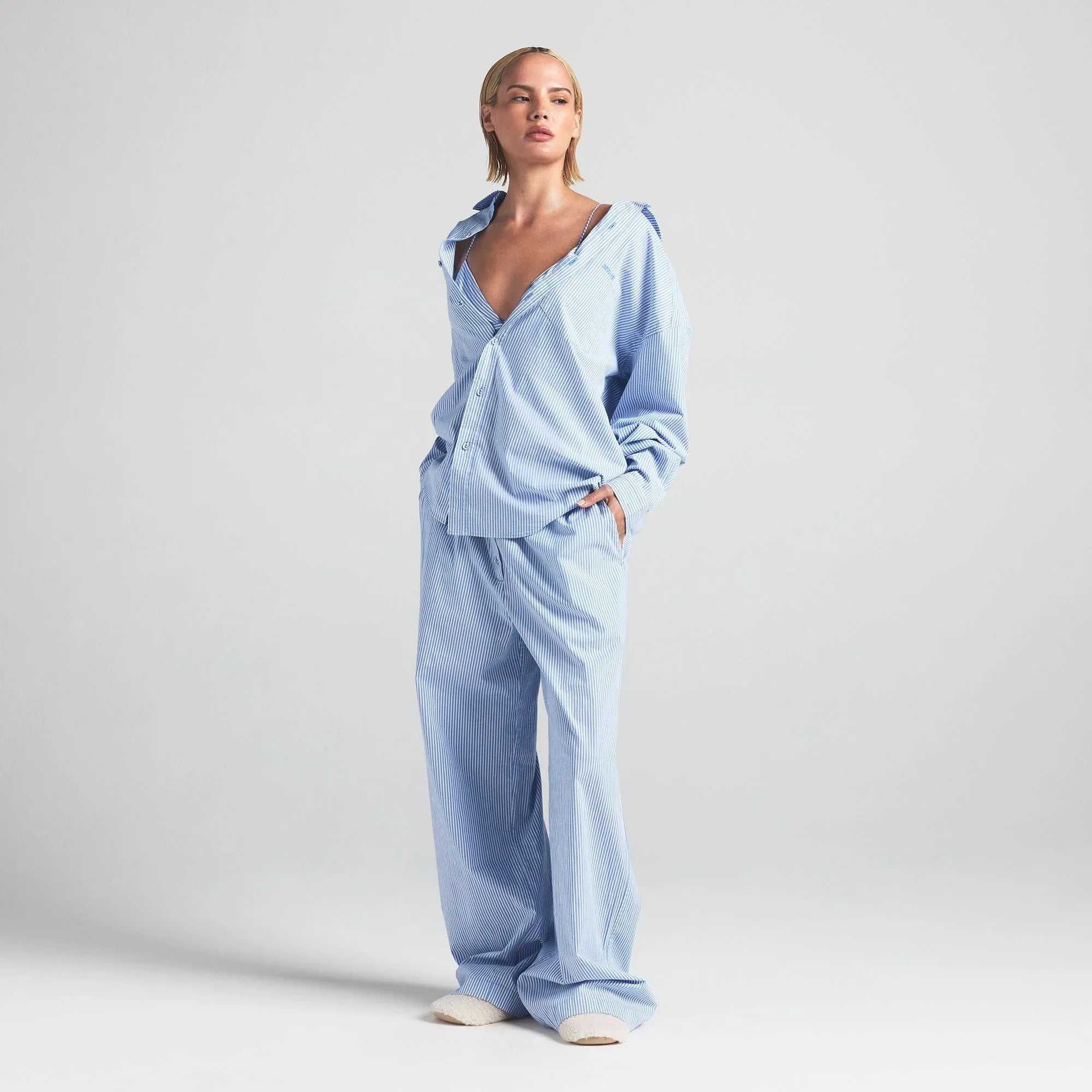 SKIMS COTTON POPLIN OVERSIZED SLEEP SET | CADET STRIPE - PİJAMA TAKIMI - My Suti