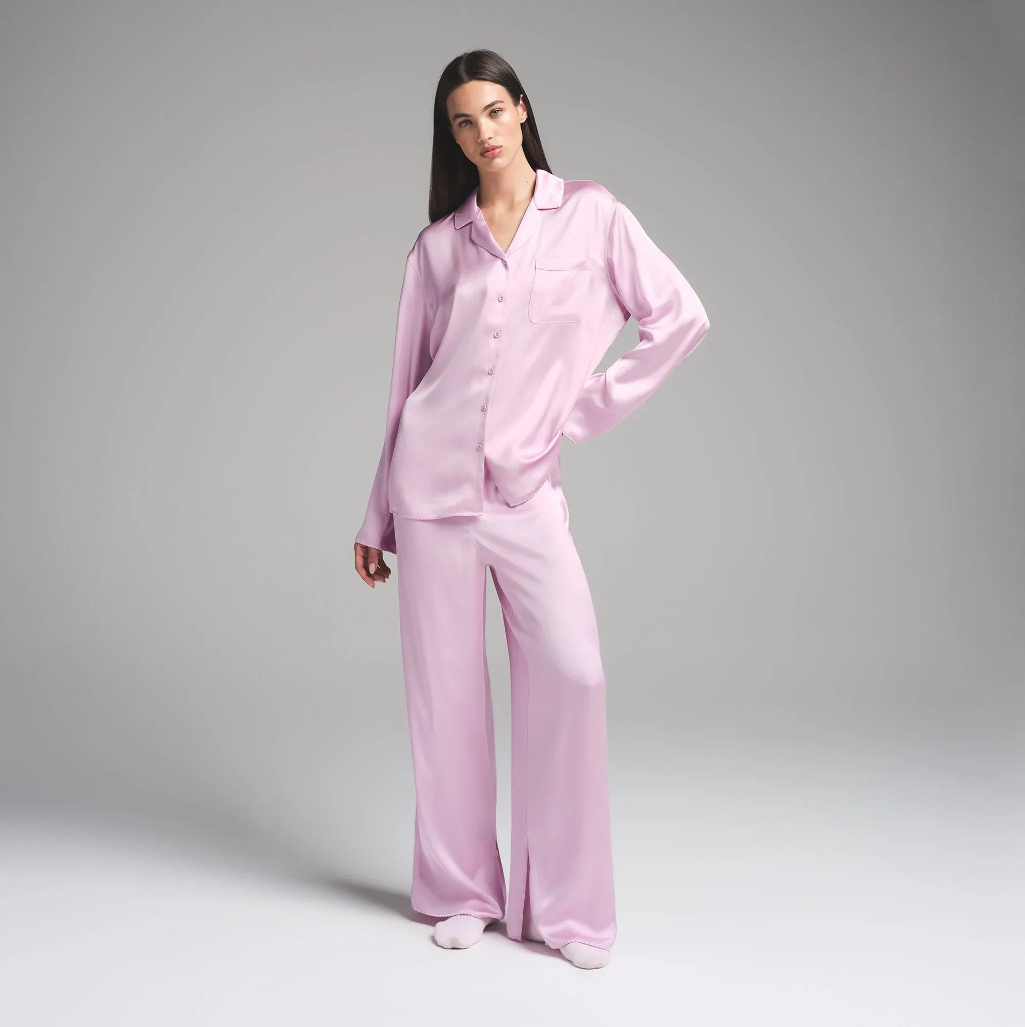 SKIMS WOVEN SHINE LONG SLEEP SET | PINK ROSE - PİJAMA TAKIMI - My Suti