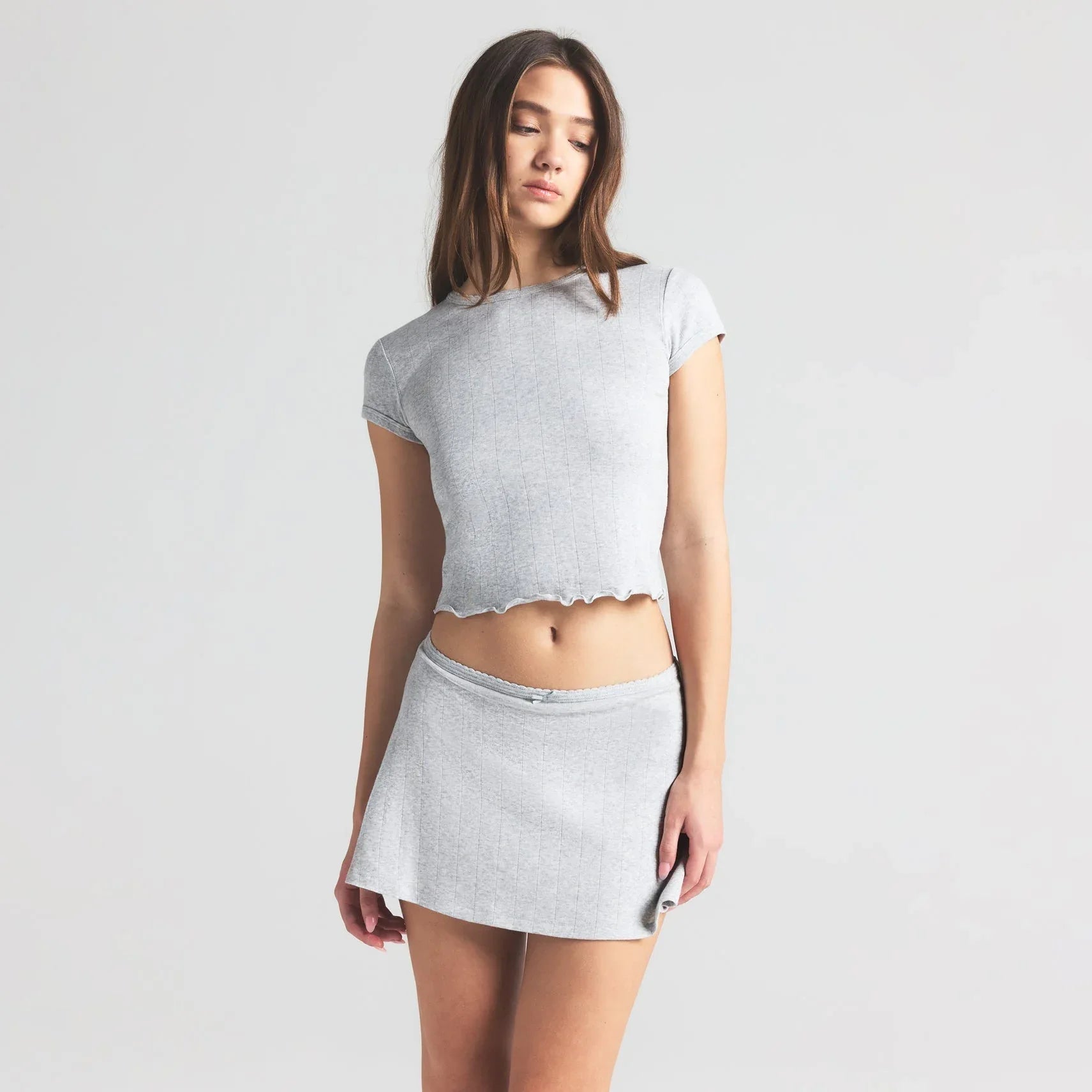 SKIMS DROP NEEDLE POINTELLE BABY TEE | LIGHT HEATHER GREY - TİŞÖRT - My Suti