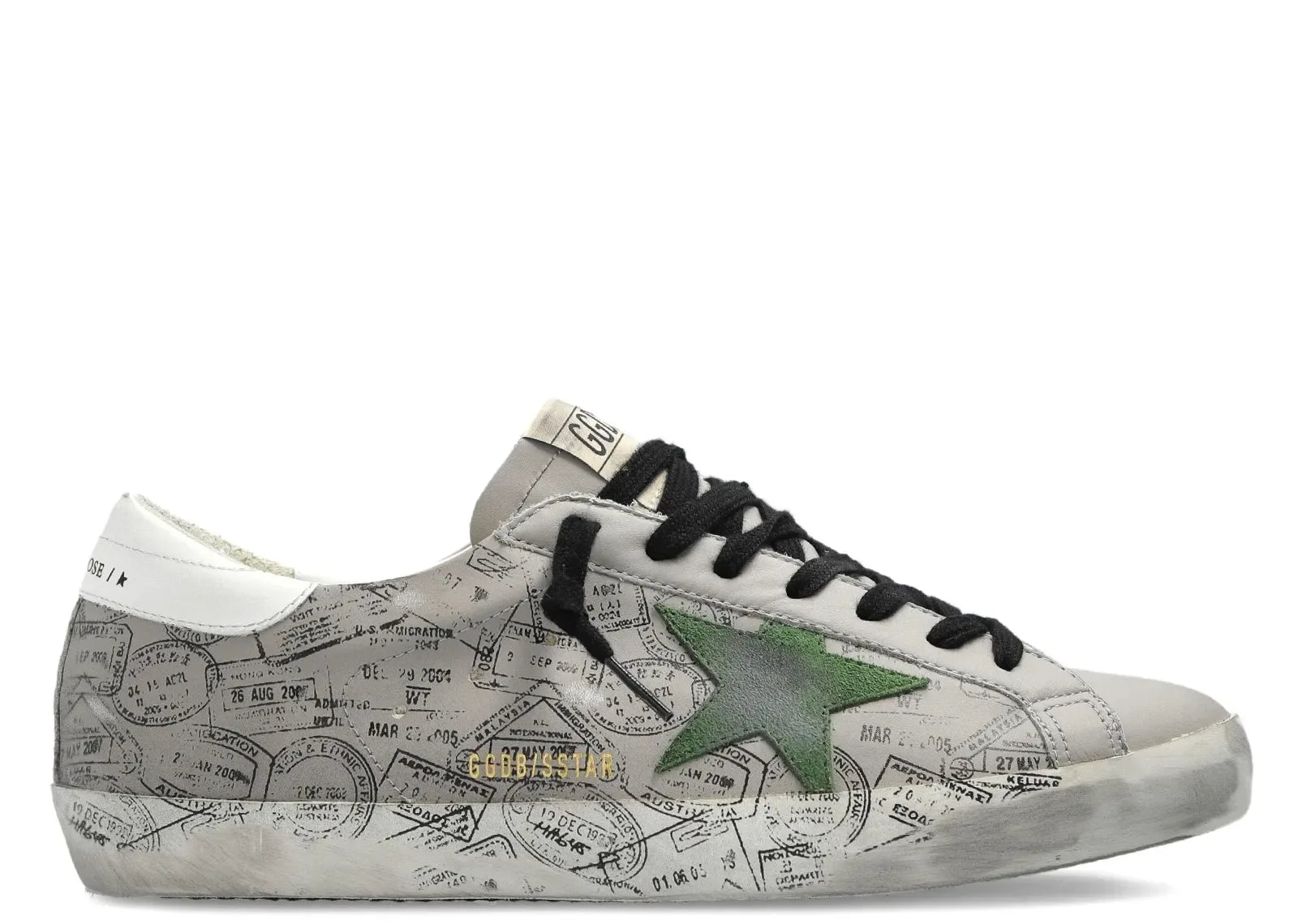 Golden Goose Super-Star Gray Leather Green Star Printed Distressed - My Suti