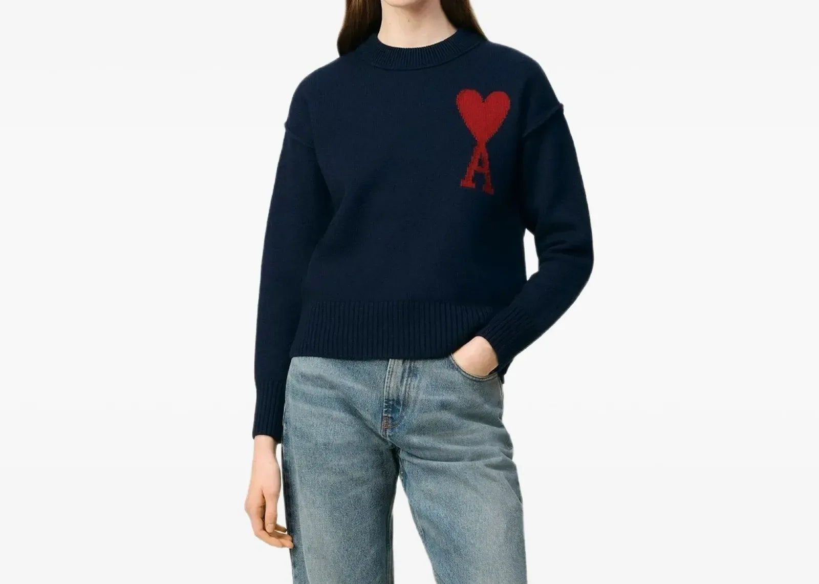 Ami Paris Ami De Coeur Intarsia Logo Jumper Midnight Blue Blood Red - My Suti