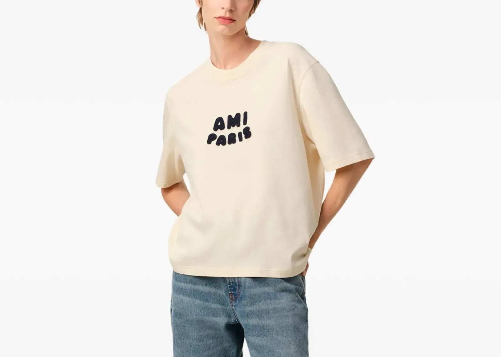 Ami Paris Logo Patch T-Shirt Light Beige - My Suti