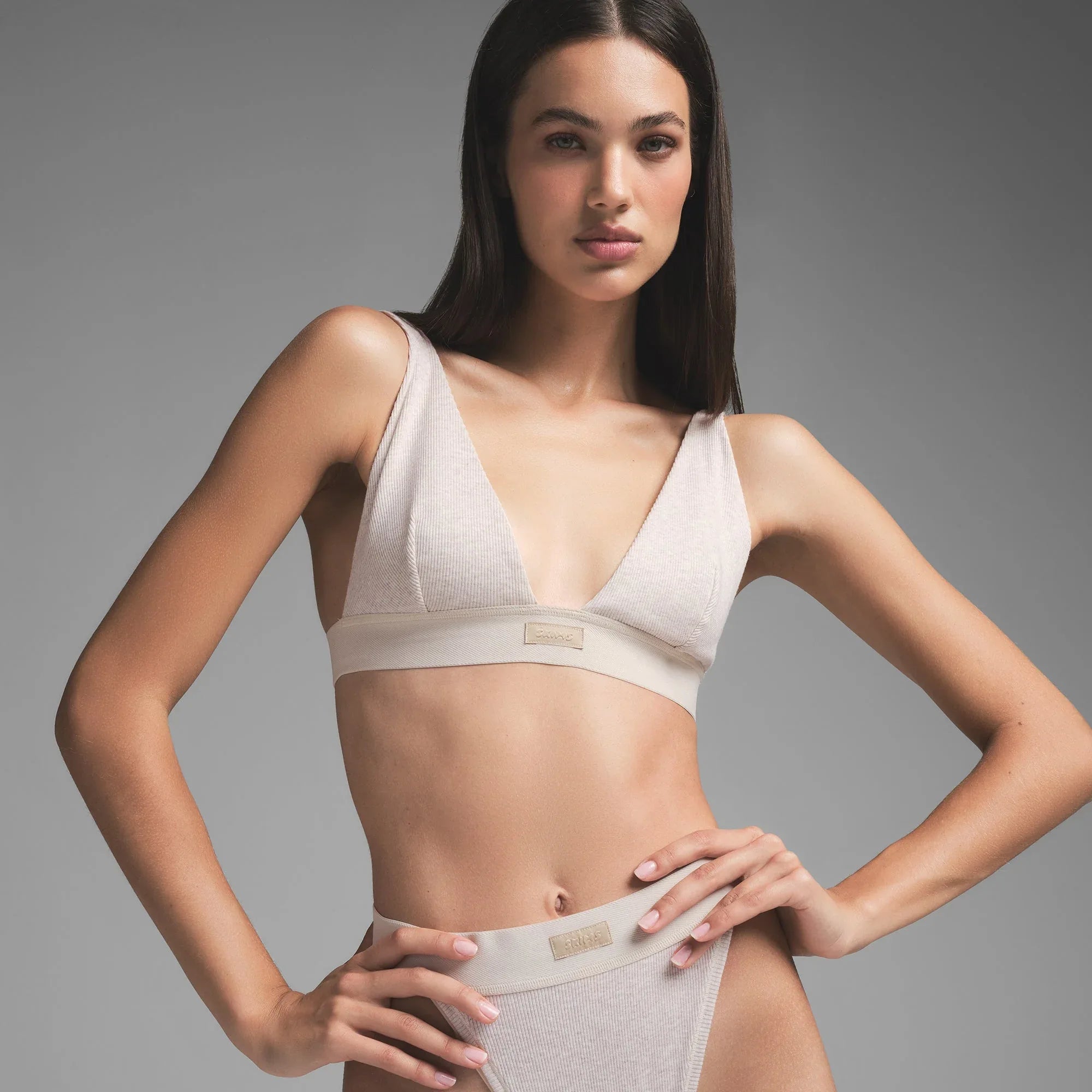 SKIMS COTTON RIB PLUNGE BRALETTE | HEATHER OATMEAL - SÜTYEN - My Suti