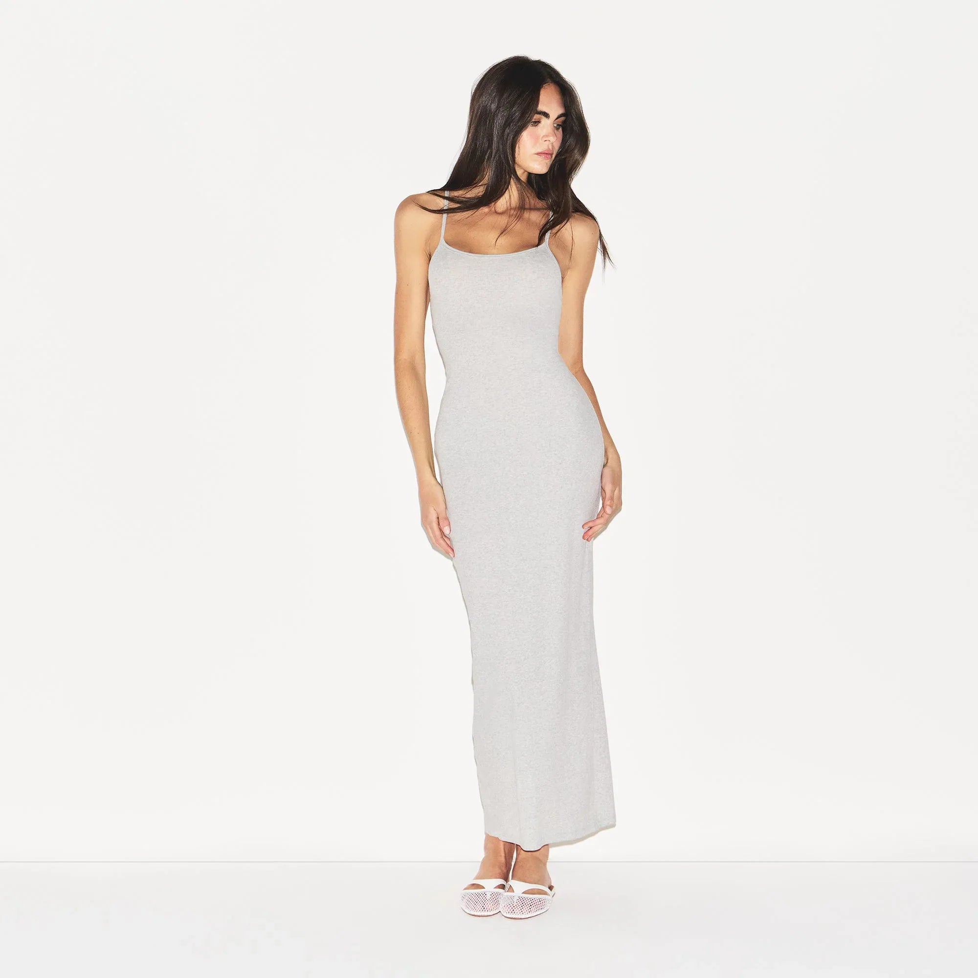 SKIMS COTTON RIB LONG CAMI DRESS | LIGHT HEATHER GREY - ELBİSE - My Suti