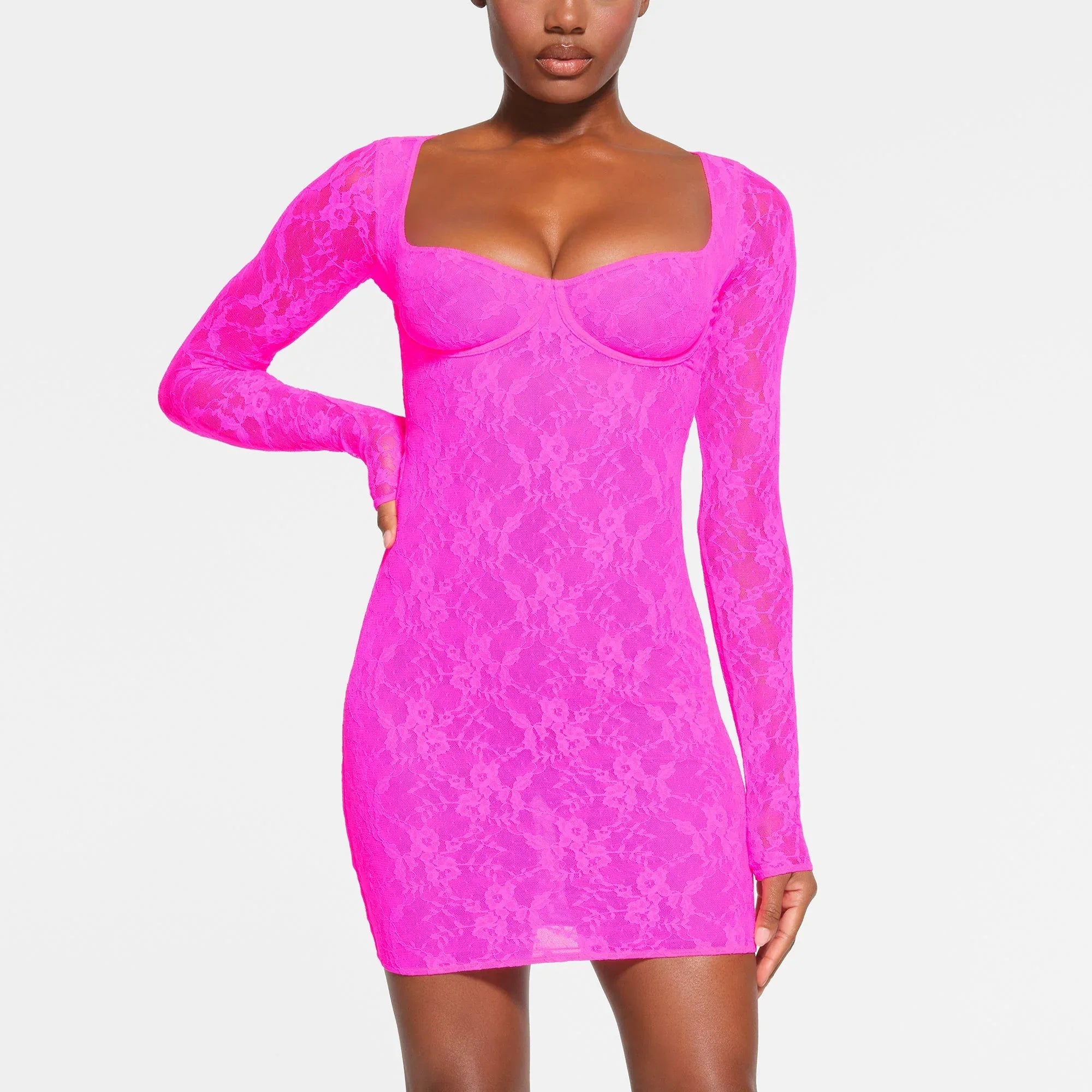 SKIMS STRETCH LACE LINED LONG SLEEVE UNDERWIRE DRESS | NEON PINK - ELBİSE - My Suti