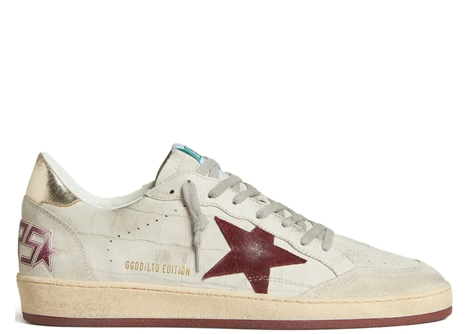 Golden Goose Ball-Star White Croco Nubuck Burgundy Star Gold Heel - My Suti