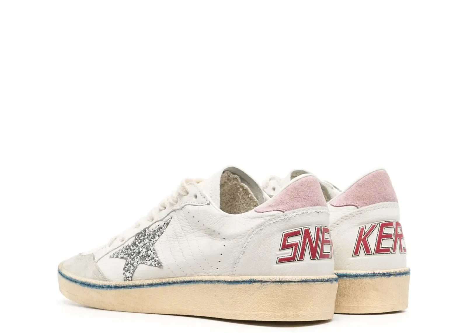 Golden Goose Ball-Star White Nappa Silver Glitter Star Pink Heel Blue Stripe - My Suti