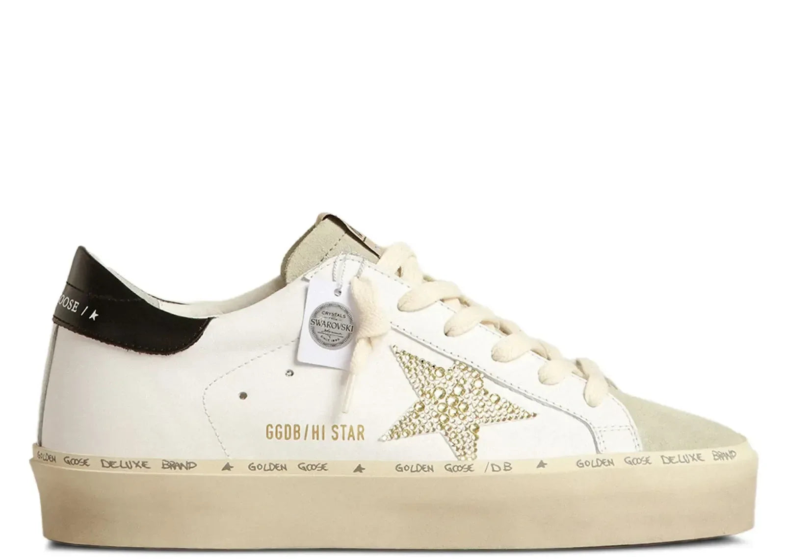 Golden Goose Hi-Star White Leather Gold Swarovski Star Black Heel - My Suti