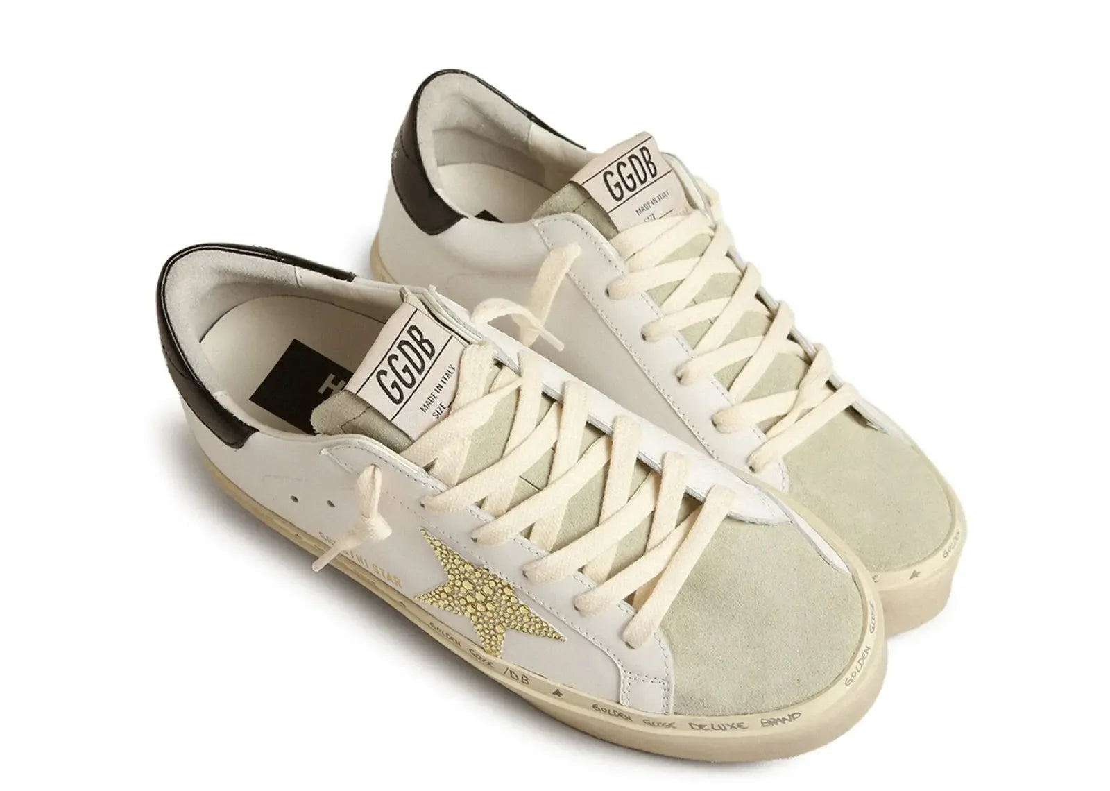 Golden Goose Hi-Star White Leather Gold Swarovski Star Black Heel - My Suti