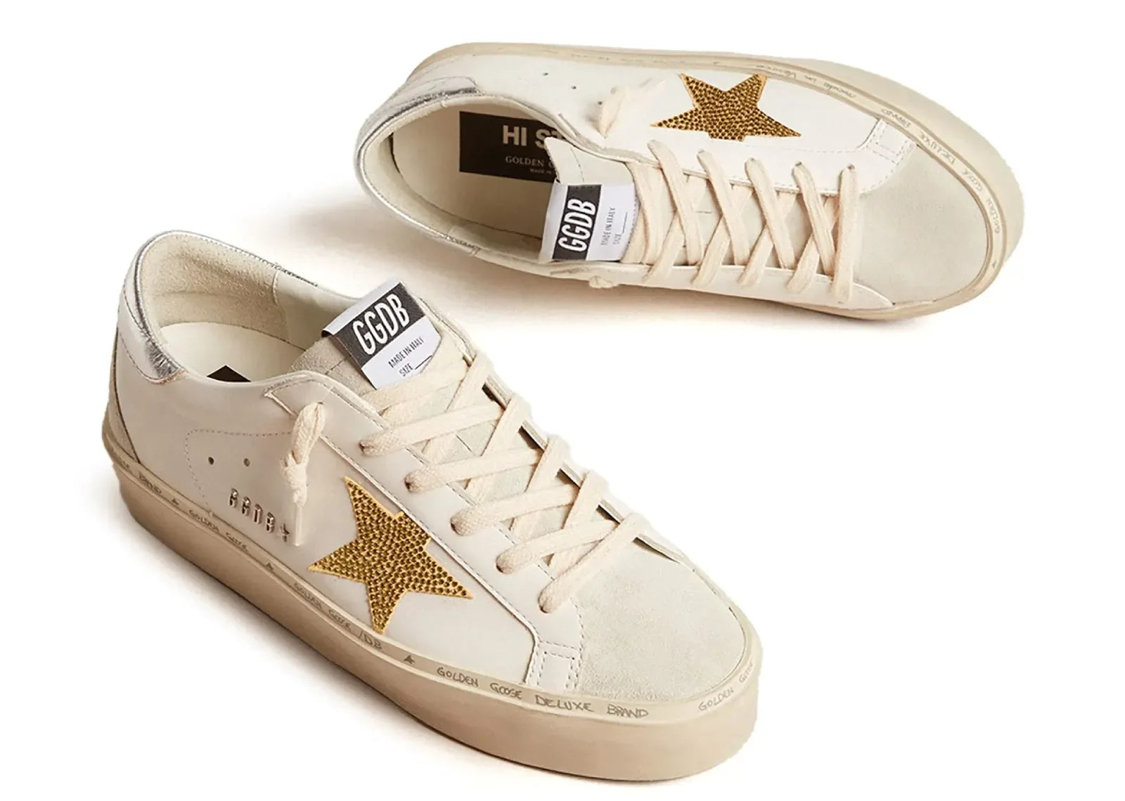 Golden Goose Hi-Star White Leather Gold Swarovski Star Silver Heel - My Suti