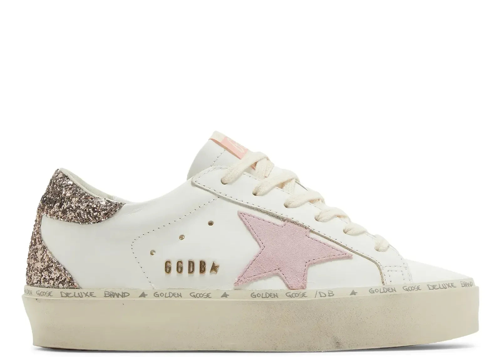 Golden Goose Hi-Star White Leather Pink Suede Star Glitter Heel - My Suti