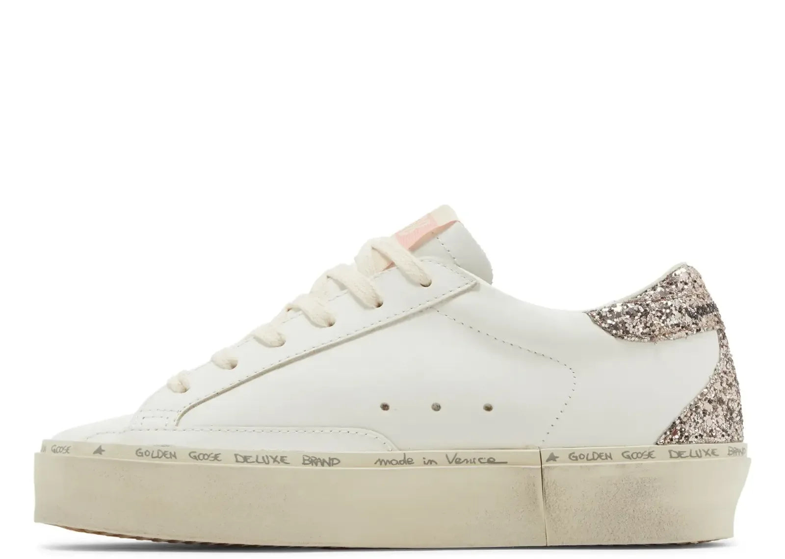 Golden Goose Hi-Star White Leather Pink Suede Star Glitter Heel - My Suti