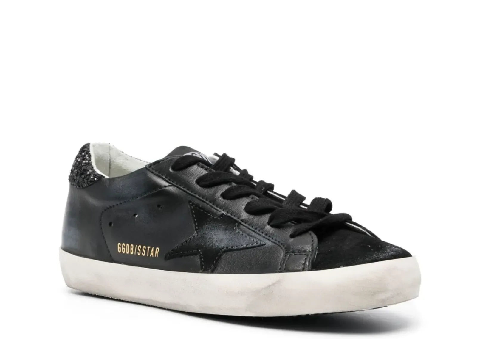 Golden Goose Super-Star Black Nappa Black Star Black Glitter Heel - My Suti