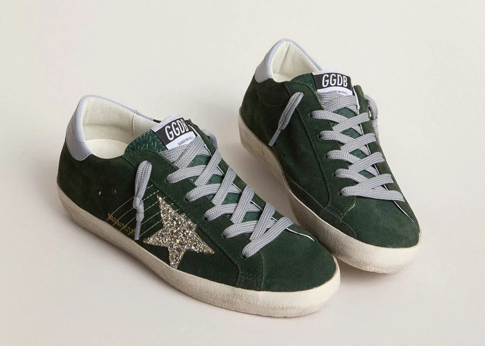 Golden Goose Super Star Green Suede Silver Glitter - My Suti