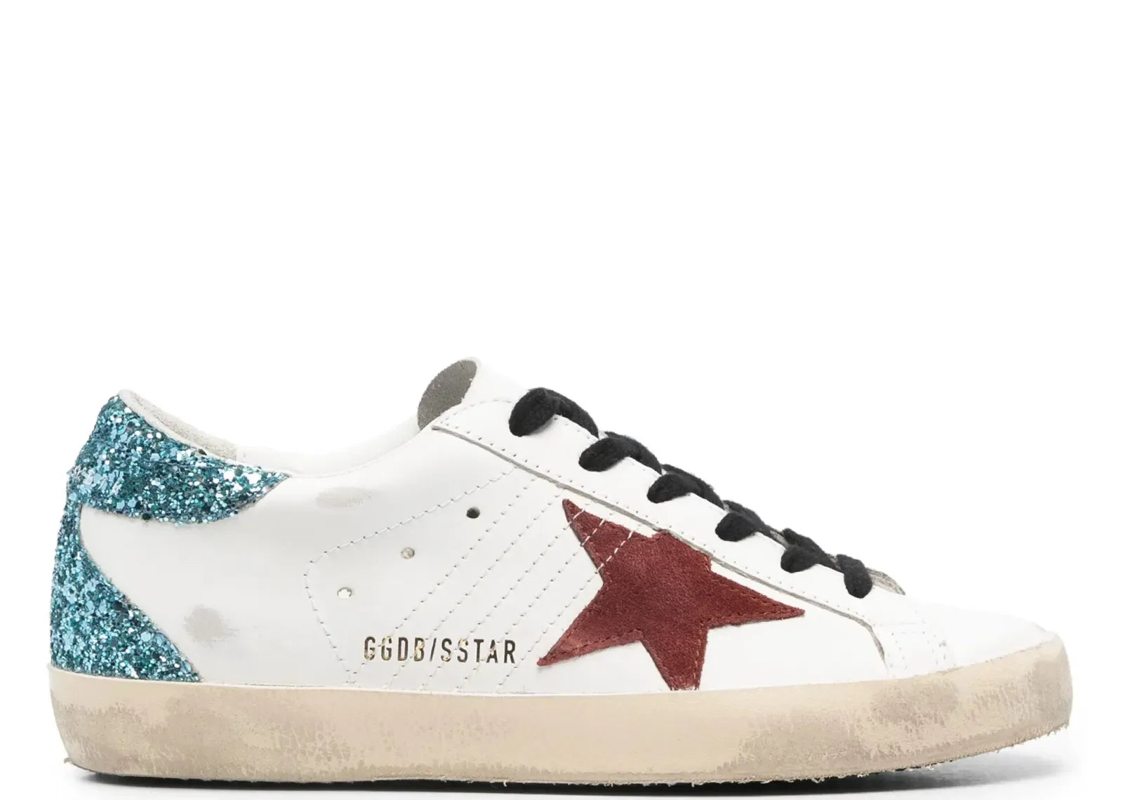 Golden Goose Super-Star White Leather Burgundy Star Blue Glitter Heel - My Suti