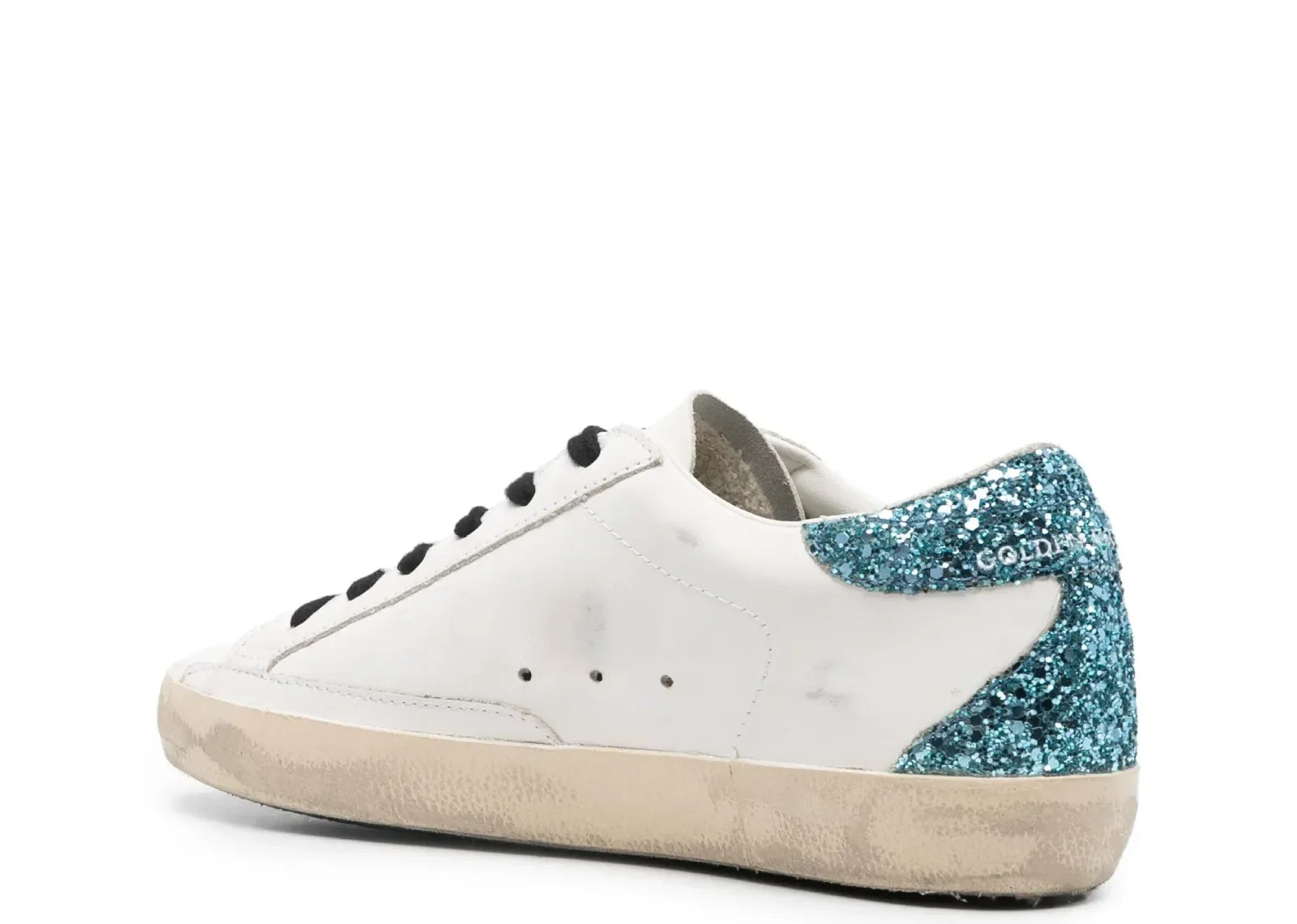 Golden Goose Super-Star White Leather Burgundy Star Blue Glitter Heel - My Suti