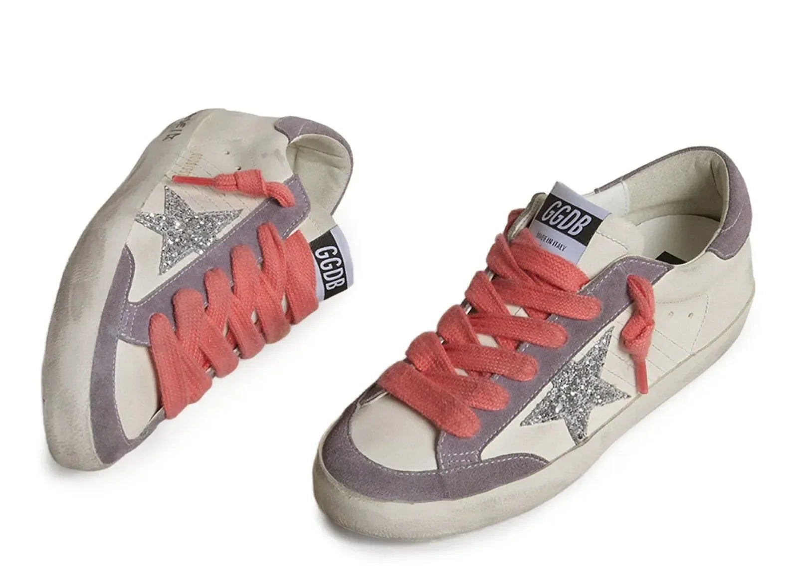 Golden Goose Super-Star White Leather Silver Star Lilac Heel - My Suti